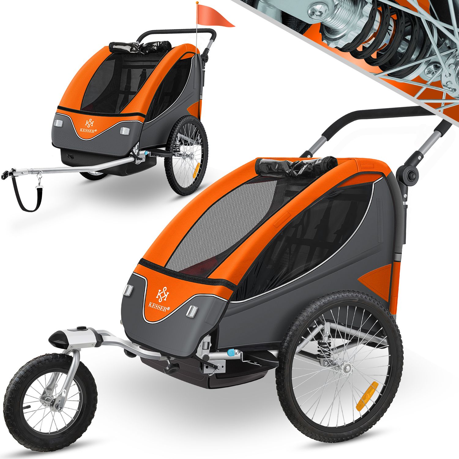 KESSER&reg; Kinderanh&auml;nger Fahrradanh&auml;nger 360&deg; Drehbar mit Federung 2in1 Joggerfunktion Kinderfahrradanh&auml;nger + 5-Punkt Gurt Jogger Fahrrad Anh&auml;nger f&uuml;r 1 bis 2 Kinder max. 40kg - Bild 1