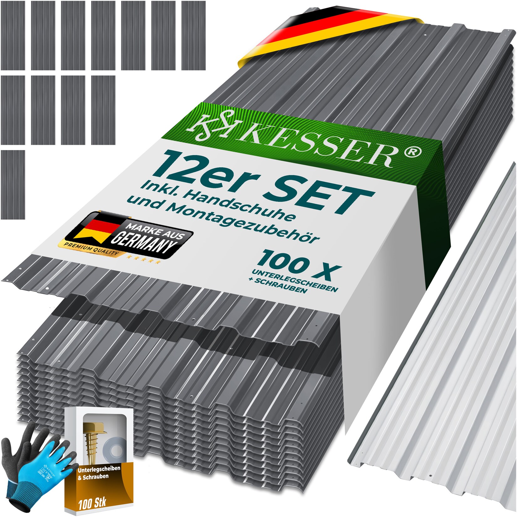 KESSER® 12x Profilblech Trapezblech 129cm x 45cm = 7 m² - Dachblech für Gerätehaus, Dachplatten Verzinkter Stahl 0,25mm, inkl. 100 Schrauben + Unterlegescheiben & Montagehandschuhe