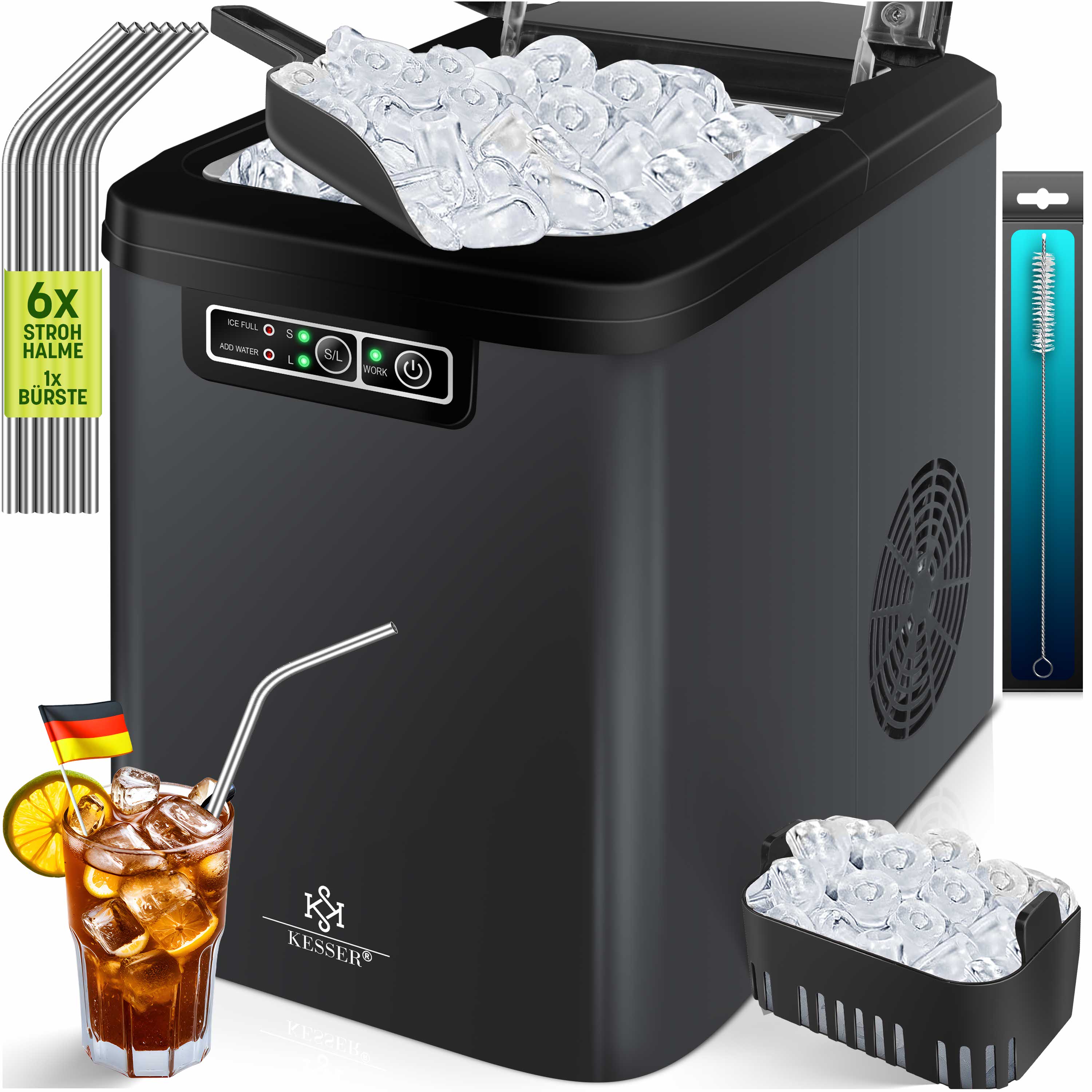 KESSER&reg; Eisw&uuml;rfelbereiter | Eisw&uuml;rfelmaschine Edelstahl | Ice Maker | 12 in 24h | Zubereitung in 7 min | 2,2 Liter Wassertank | 2 Eisw&uuml;rfel-Gr&ouml;&szlig;en | LED-Display | Selbstreinigungsfunktion mit Zubeh&ouml;r - Bild 1