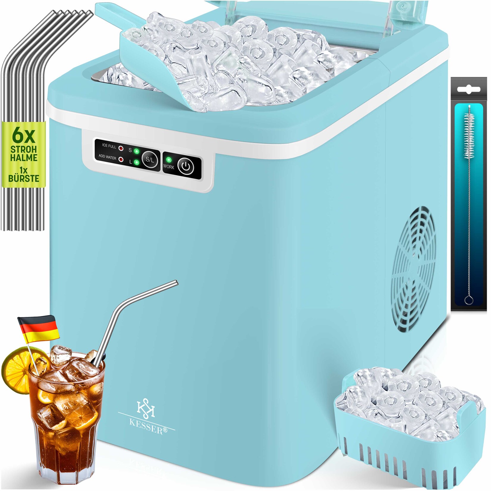 KESSER® Eiswürfelbereiter   Eiswürfelmaschine Edelstahl   Ice Maker   12 in 24h   Zubereitung in 7 min   2,2 Liter Wassertank   2 Eiswürfel-Größen   LED-Display   Selbstreinigungsfunktion mit Zubehör | 04255598324946