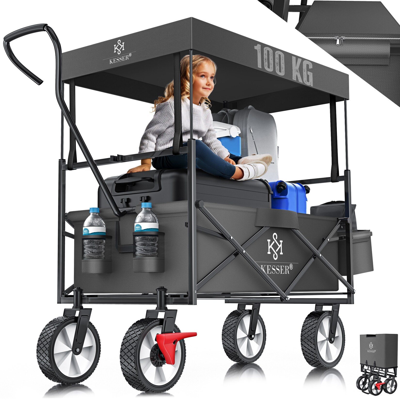 KESSER® Bollerwagen faltbar mit Dach Handwagen Transportkarre Gerätewagen inkl. 2 Netztaschen und Einer Außentasche klappbar Vollgummi-Reifen bis 100 kg Tragkraft Mit Vorderrad-Bremse
