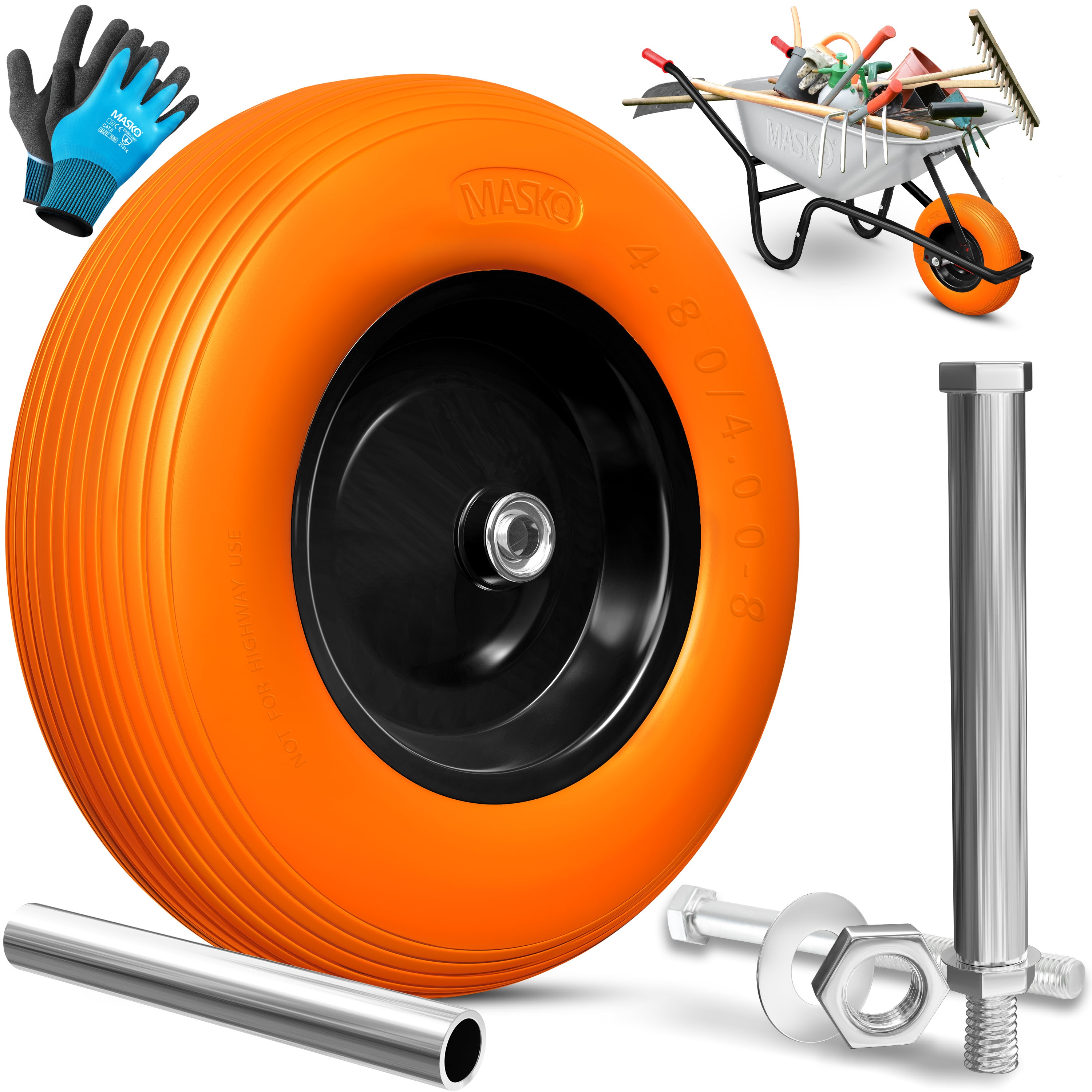 MASKO&reg; PU Schubkarrenrad Vollgummi 200 kg pannensicher 4.80/4.00-8 &Oslash; 390mm inkl. Achse Ersatzrad Gummirad Stahlfelge Reifen pannensicher f&uuml;r Schubkarre Gartenkarren pannensicheres PU Rad - Bild 1