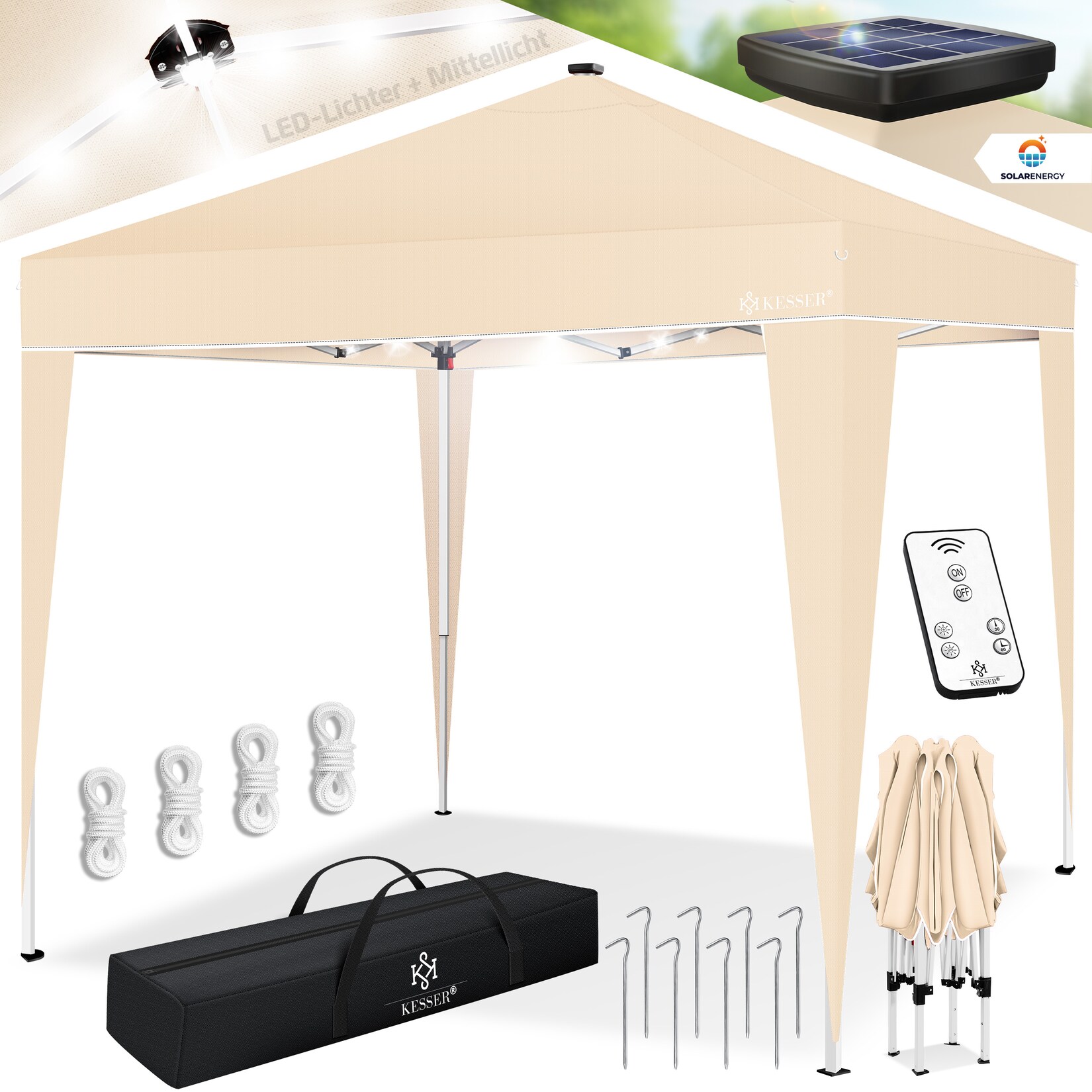 KESSER® Pavillon Faltpavillon 3x3m mit LED Beleuchtung Solar Fernbedienung   Gartenzelt Höhenverstellbar & Wasserdicht + Tasche Bodenanker   Pop-Up Klicksystem UV-Schutz 50+ Partyzelt | 04255598323352