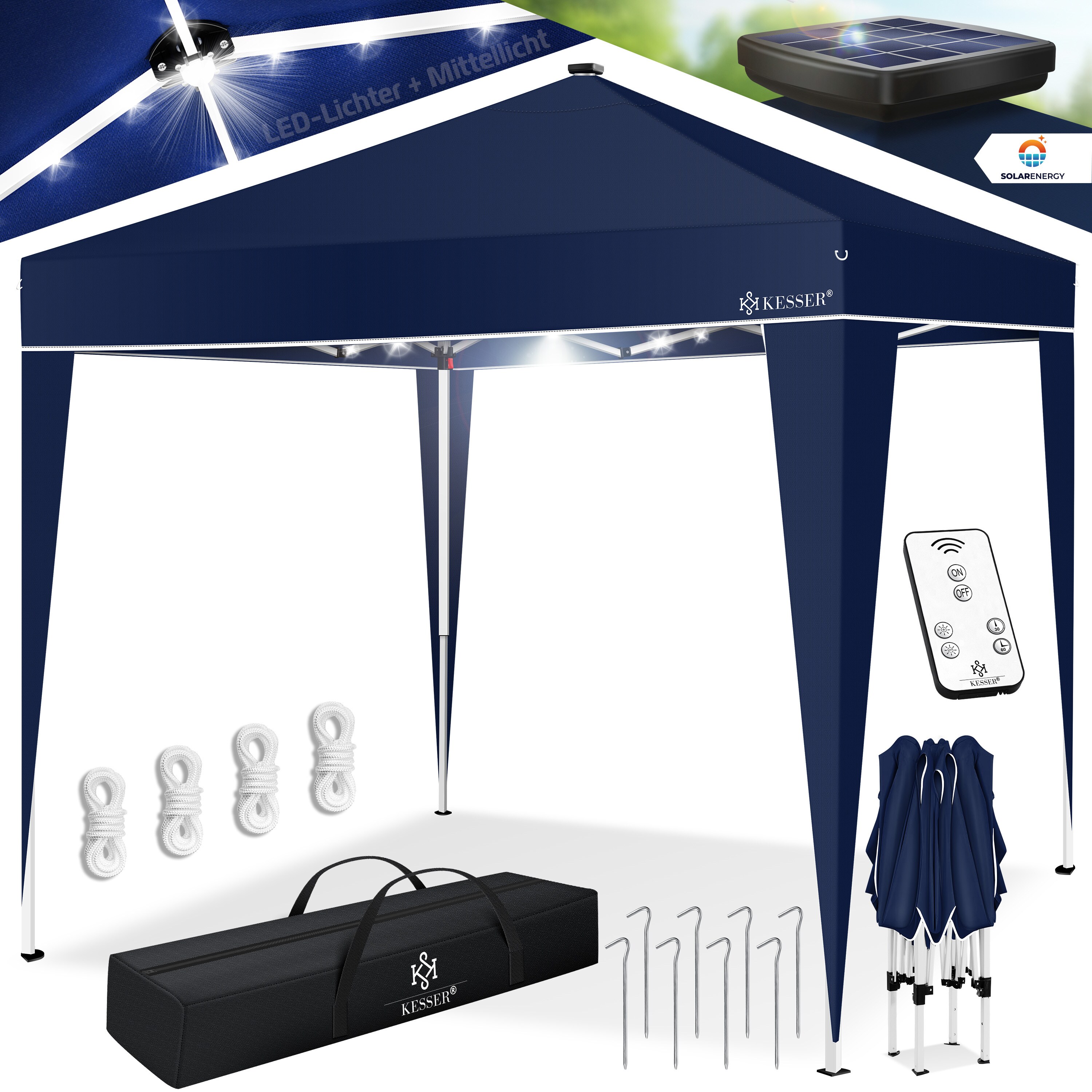 KESSER&reg; Pavillon Faltpavillon 3x3m mit LED Beleuchtung Solar Fernbedienung | Gartenzelt H&ouml;henverstellbar & Wasserdicht + Tasche Bodenanker | Pop-Up Klicksystem UV-Schutz 50+ Partyzelt - Bild 1