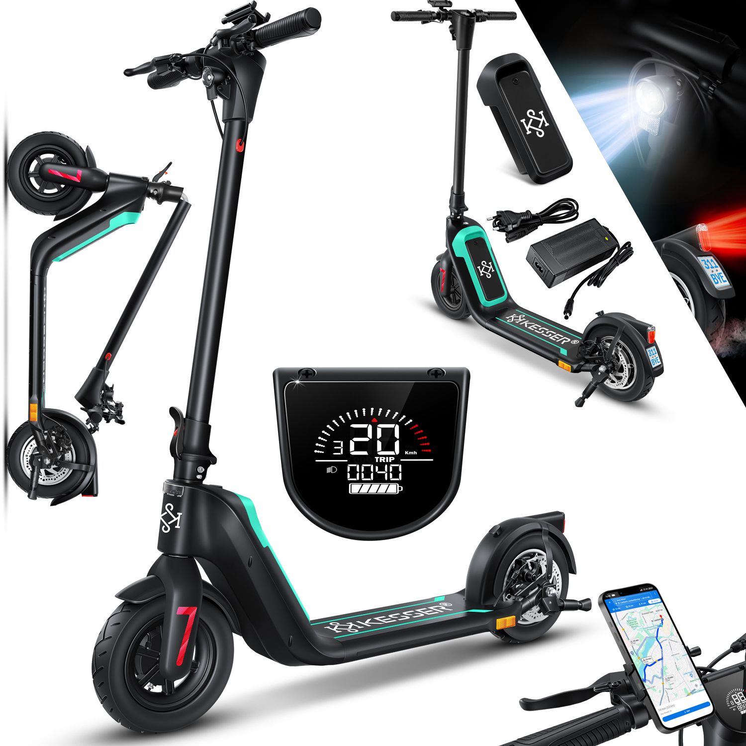KESSER&reg; E-Scooter mit Stra&szlig;enzulassung 40km Reichweite Faltbarer Elektro 36V / 10 Ah Batterie Roller Belastung bis 120kg 450W Motor 10" Reifen LCD-Display und universelle Smartphonehalterung - Bild 1