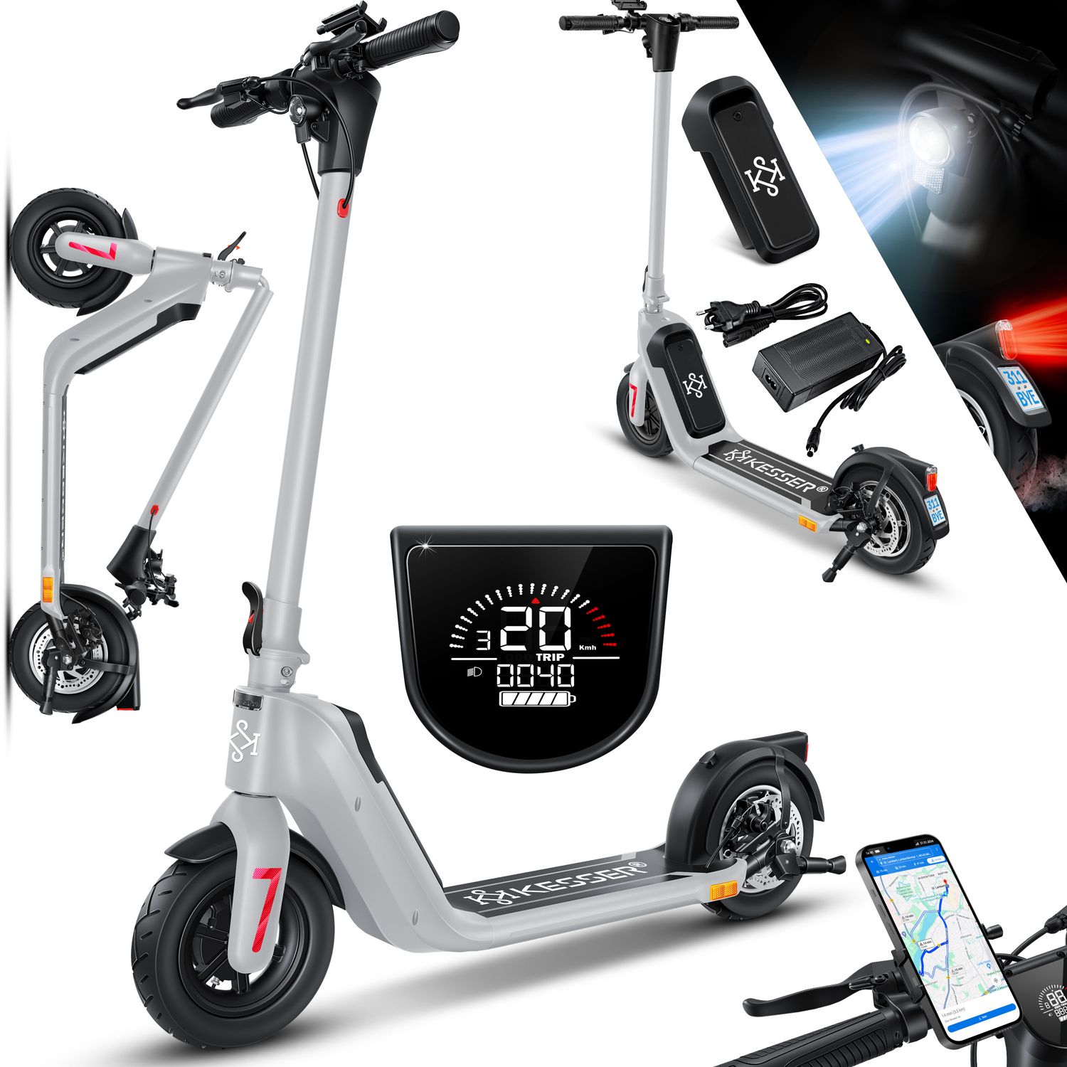KESSER&reg; E-Scooter mit Stra&szlig;enzulassung 40km Reichweite Faltbarer Elektro 36V / 10 Ah Batterie Roller Belastung bis 120kg 450W Motor 10" Reifen LCD-Display und universelle Smartphonehalterung - Bild 1