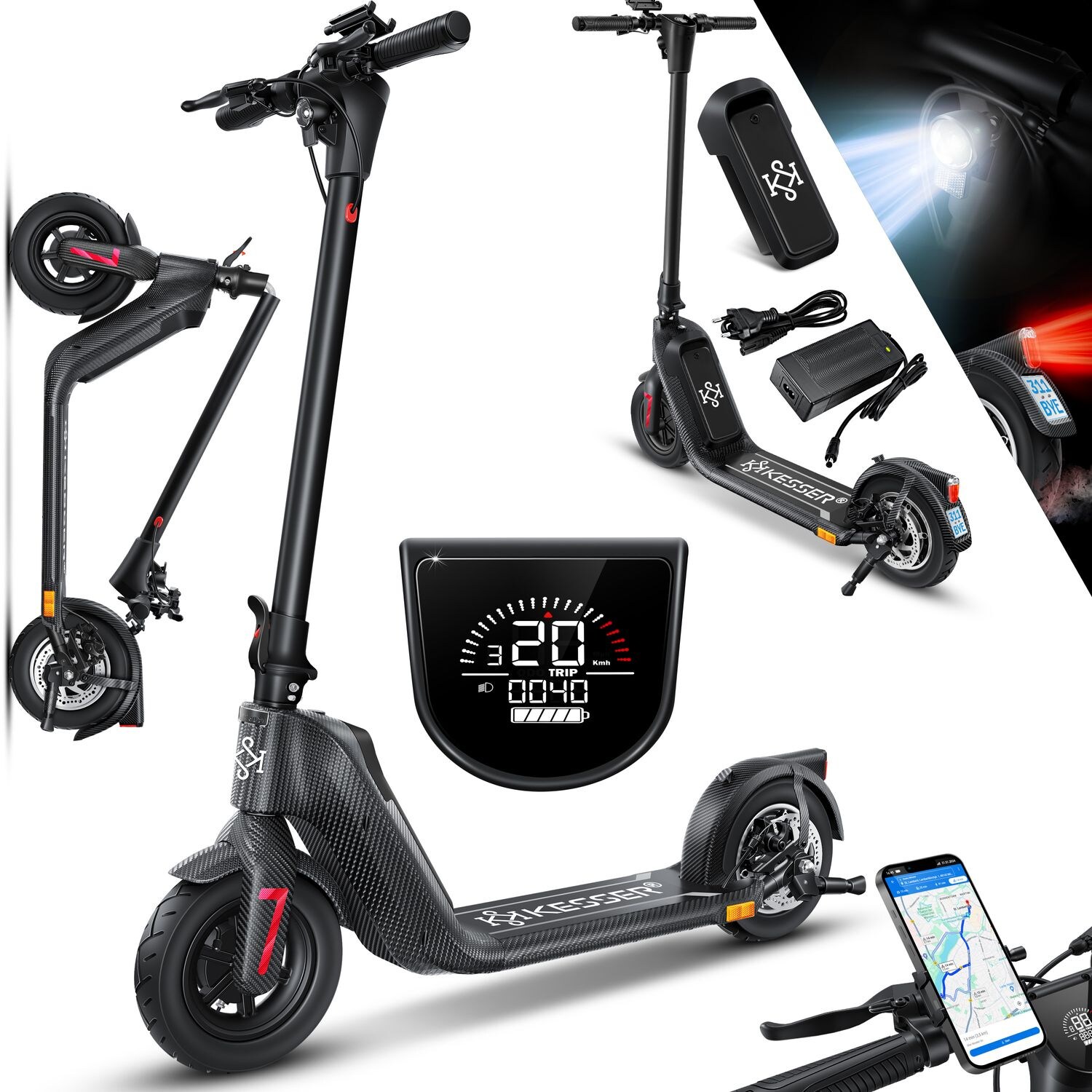 KESSER® E-Scooter mit Straßenzulassung 40km Reichweite Faltbarer Elektro 36V / 10 Ah Batterie Roller Belastung bis 120kg 450W Motor 10″ Reifen LCD-Display und universelle Smartphonehalterung | 04260729119889