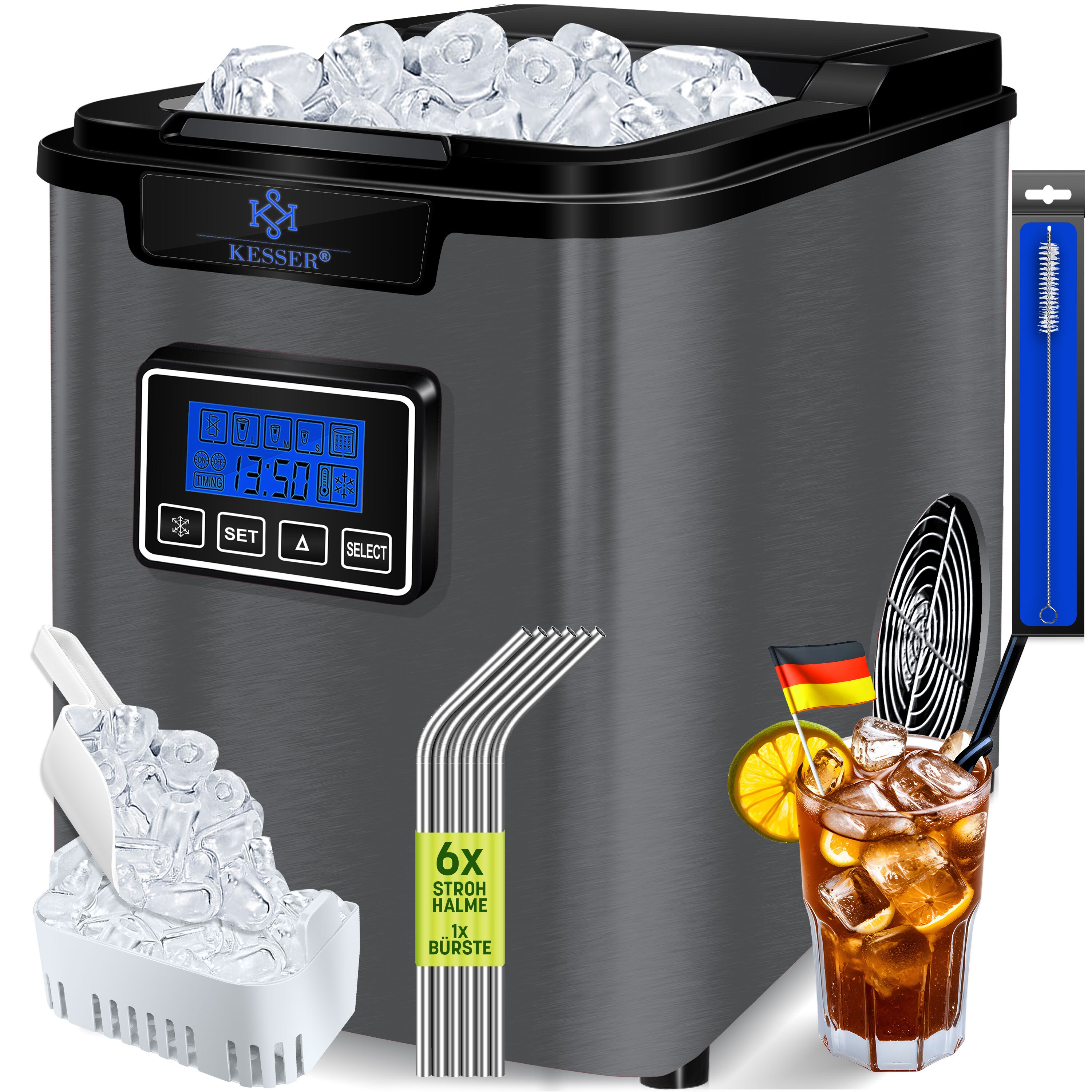 KESSER&reg; Eisw&uuml;rfelbereiter | Eisw&uuml;rfelmaschine Edelstahl | 150W  Ice Maker | 12 kg 24 h | 3 W&uuml;rfelgr&ouml;&szlig;en | Zubereitung in 6 min | 2,2 Liter Wassertank | Timer | LCD-Display | Selbstreinigungsfunktion - Bild 1