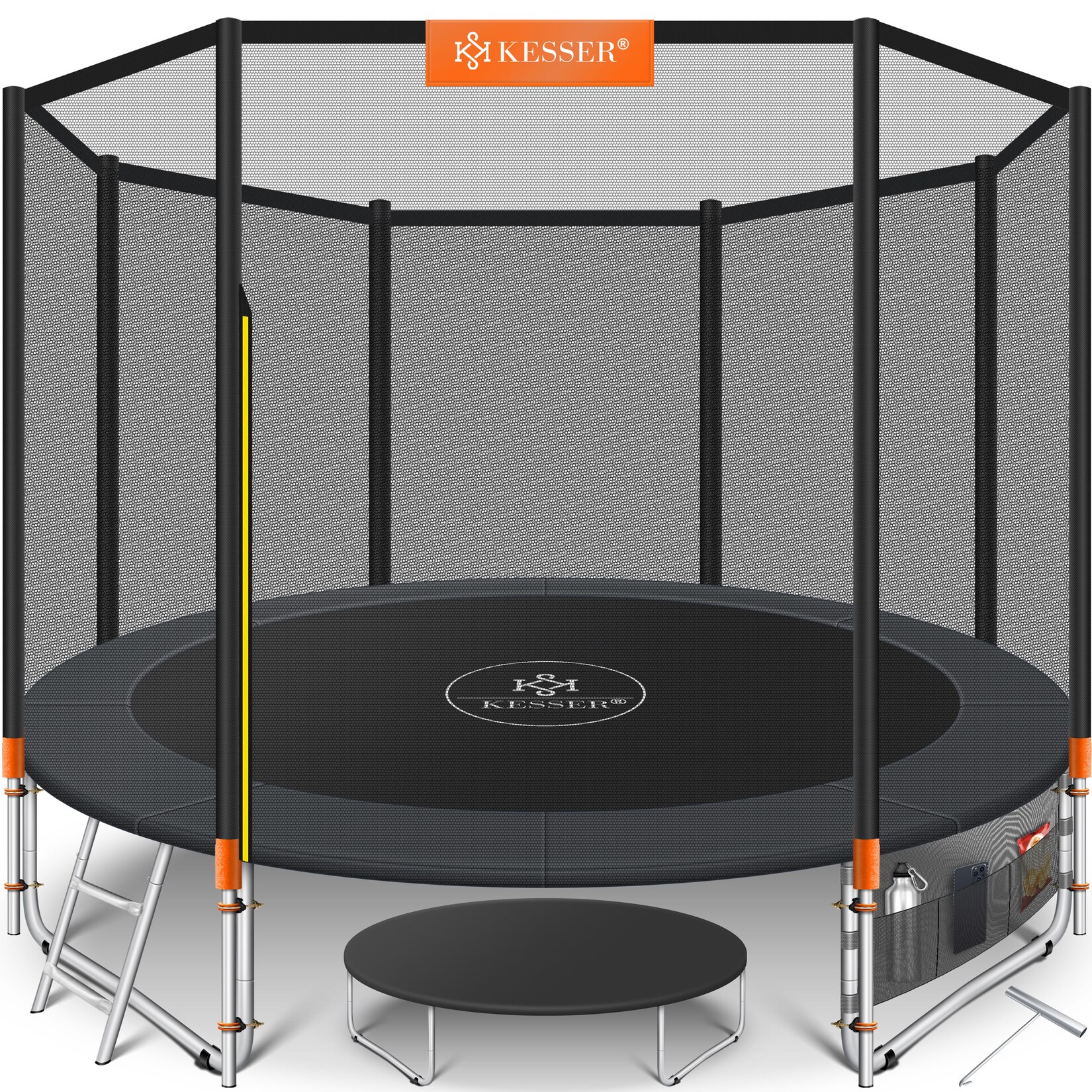 KESSER® – Trampolin    TÜV Rheinland GS Zertifiziert   Komplettset mit Sicherheitsnetz, Leiter,  Randabdeckung, Seitentasche & Zubehör   Kindertrampolin Gartentrampolin Belastbarkeit 150 kg | 04255598333986