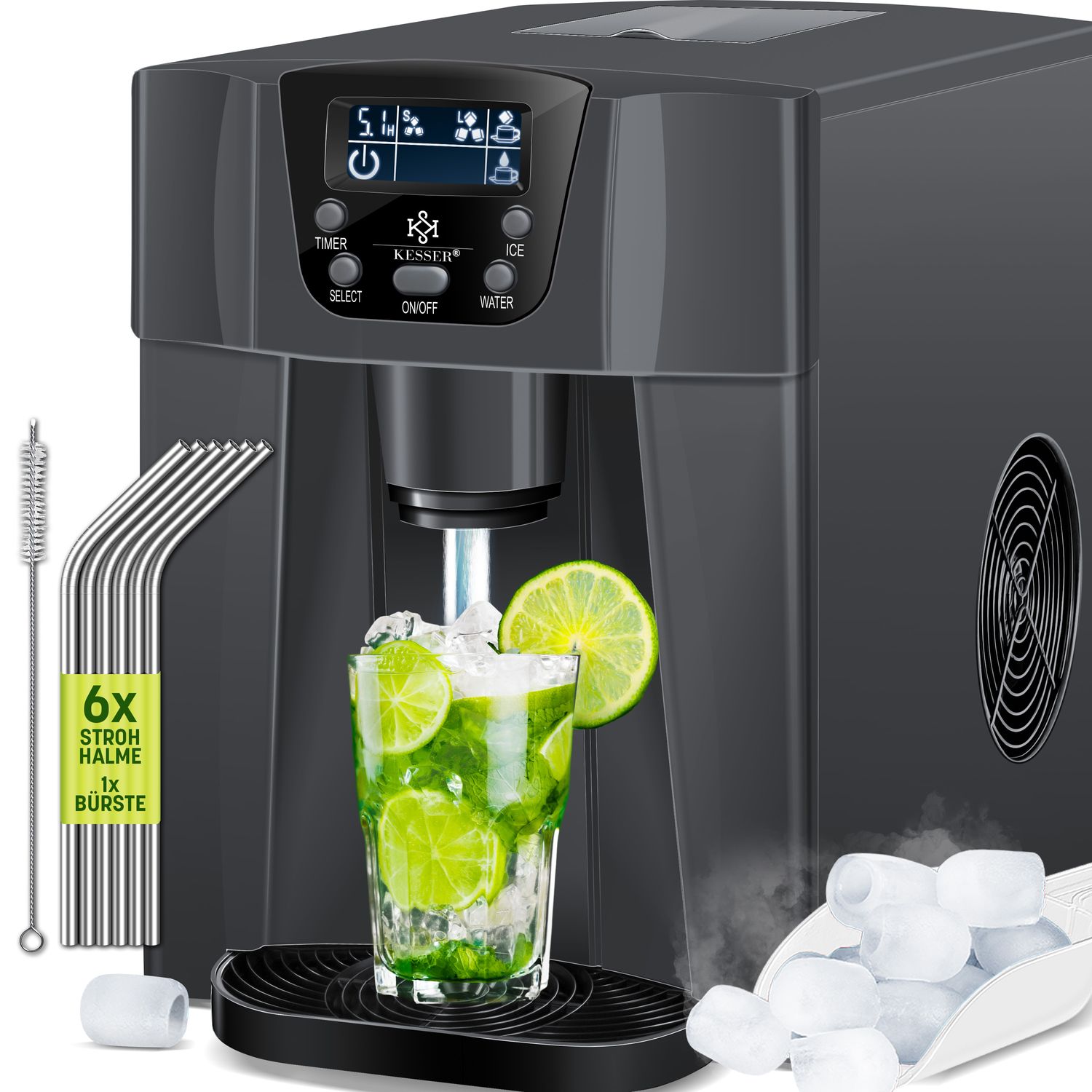 KESSER&reg; Eisw&uuml;rfelbereiter | Eisw&uuml;rfelmaschine Edelstahl | 100W  Ice Maker | 12 kg 24 h | 2 W&uuml;rfelgr&ouml;&szlig;en | Zubereitung in 6 min | 2 Liter Wassertank | Timer | LCD-Display | Wassertank - Bild 1