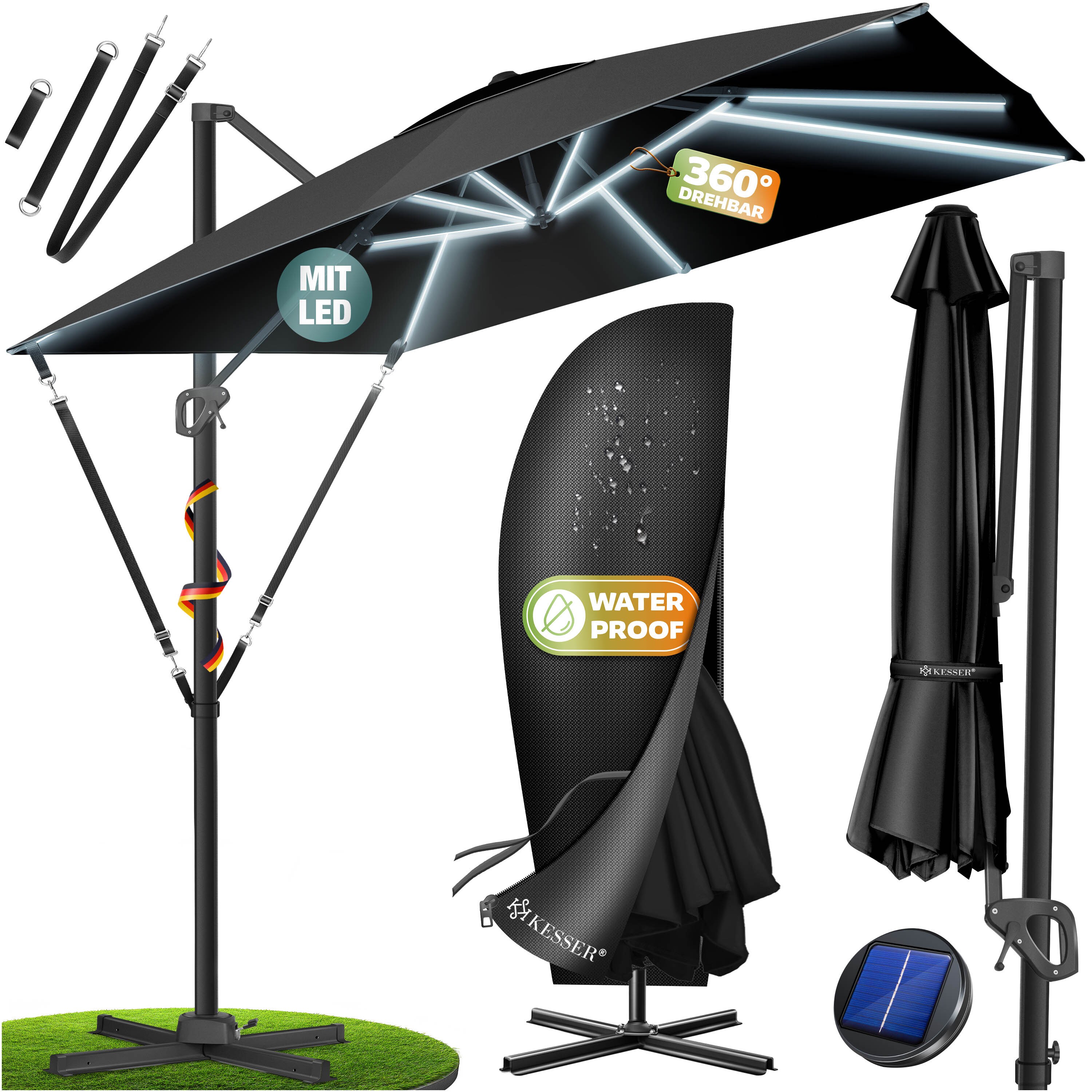 KESSER&reg; Sonnenschirm Ampelschirm SUN XL 300 x 300 cm Inkl. Abdeckung +Windsicherung Drehbar Neigbar Kippbar Marktschirm Gro&szlig; 360&deg; Rotation, Gartenschirm mit Kurbel Sonnenschutz UV50+ - Bild 1