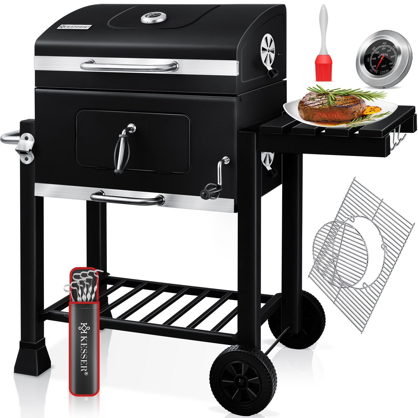 KESSER Grill Grillwagen XXL Holzkohlegrill mit Deckel, Rädern, Edelstahl-Griff, Grillrost und Thermometer Holzkohle kohlegrill Wagen groß Kohle BBQ Barbeque Camping, Terrasse, Garten