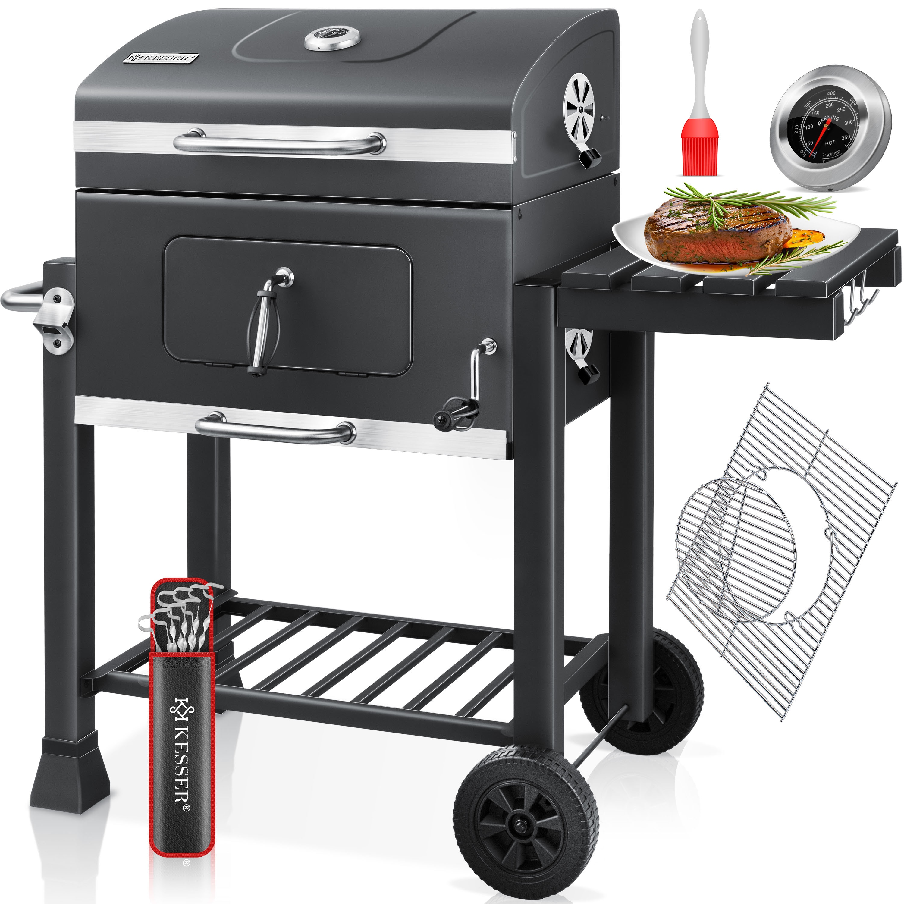KESSER&reg; Grill Grillwagen XXL Holzkohlegrill mit Deckel, R&auml;dern, Edelstahl-Griff, Grillrost und Thermometer Holzkohle kohlegrill Wagen gro&szlig; Kohle BBQ Barbeque Camping, Terrasse, Garten - Bild 1