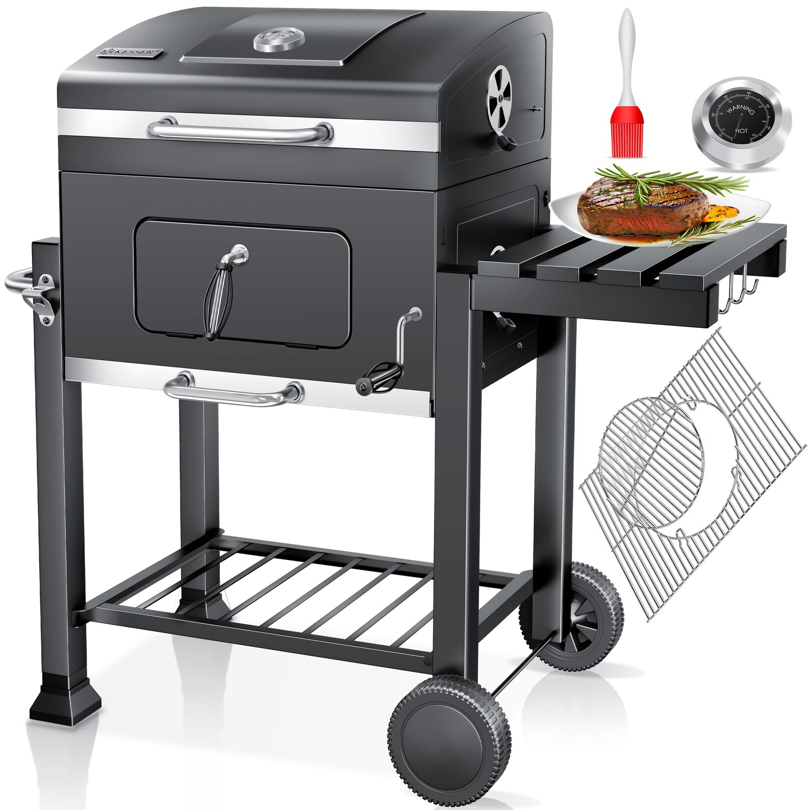 KESSER® Grill Grillwagen XXL Holzkohlegrill mit Deckel, Rädern, Edelstahl-Griff, Grillrost und Thermometer Holzkohle kohlegrill Wagen groß Kohle BBQ Barbeque Camping, Terrasse, Garten