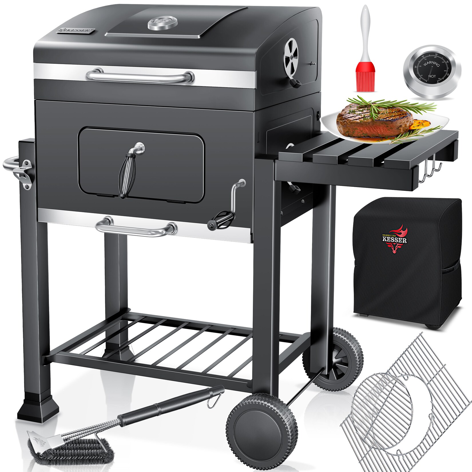 KESSER® Grill Grillwagen XXL Holzkohlegrill mit Deckel, Rädern, Edelstahl-Griff, Grillrost und Thermometer Holzkohle kohlegrill Wagen groß Kohle BBQ Barbeque Camping, Terrasse, Garten