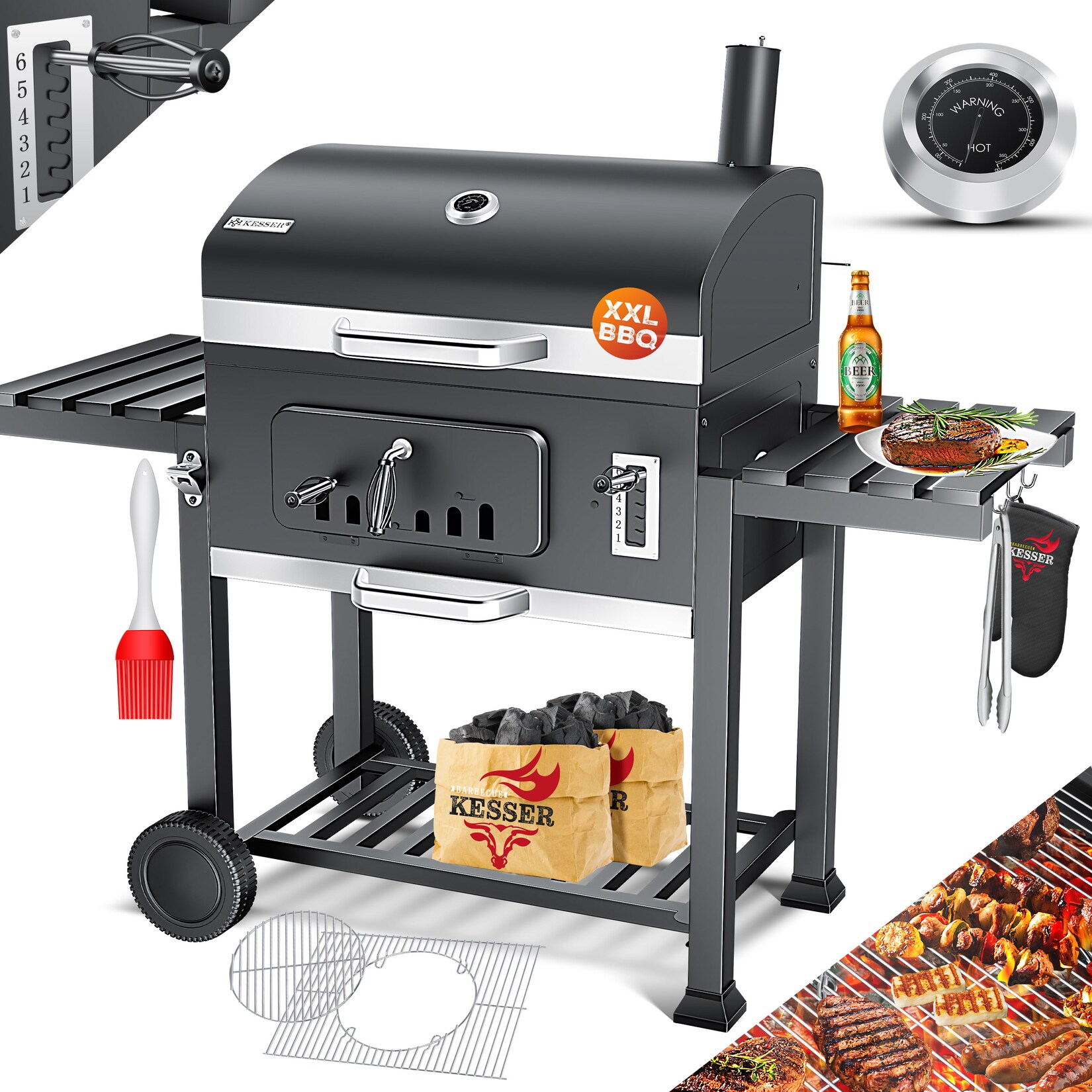 KESSER® Grill Grillwagen XXL Holzkohlegrill mit Deckel, Rädern, Edelstahl-Griff, Grillrost und Thermometer Holzkohle kohlegrill Wagen groß Kohle BBQ Barbeque Camping, Terrasse, Garten