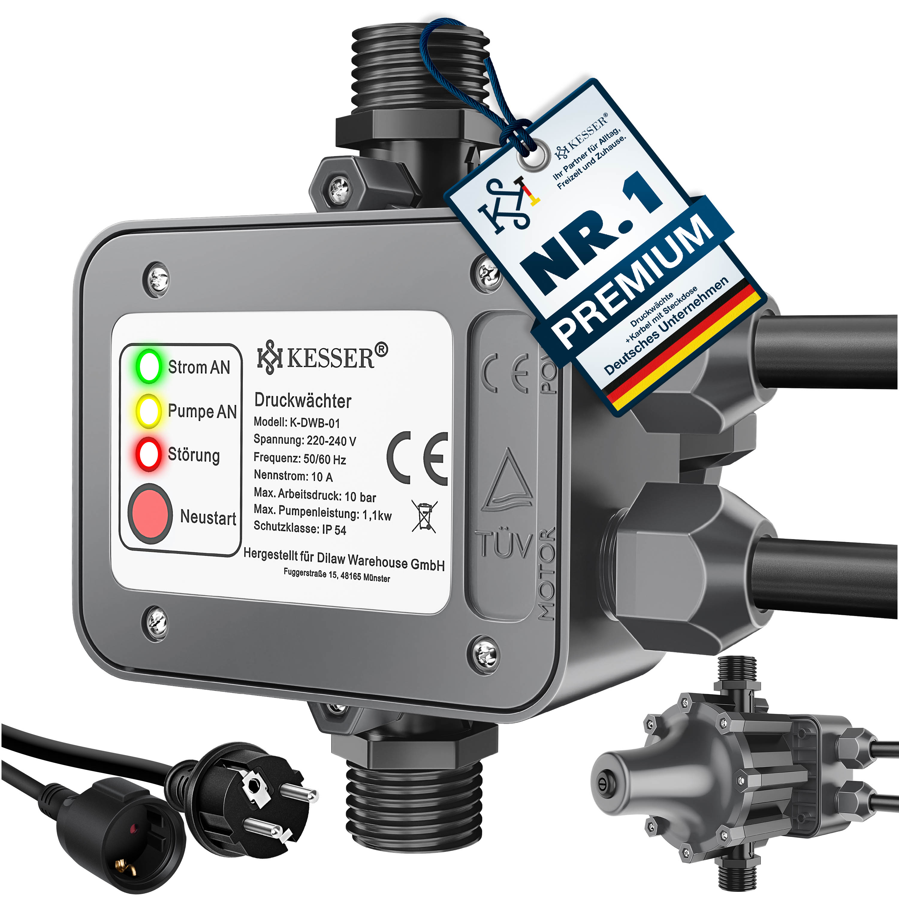 KESSER&reg; Druckschalter Druckw&auml;chter Pumpensteuerung Gartenbew&auml;sserung mit Kabel - Bild 1