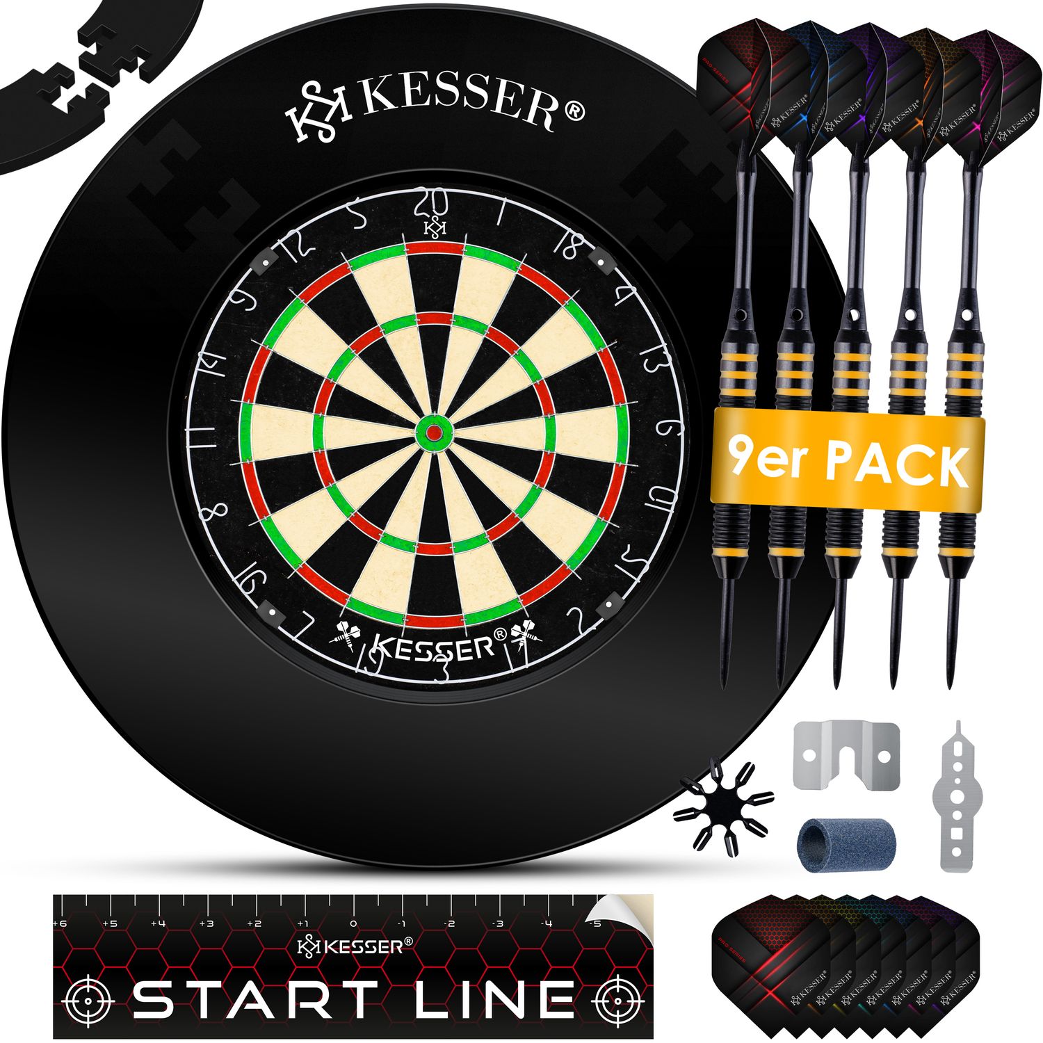 KESSER&reg; Dartscheibe kork mit 9 Dartpfeile Professional Dartboard + 21 Pro Flights + Zubeh&ouml;r Steeldart Offizielles Dartscheibe 9 Pfeilen Metallspitze Profi Steeldartscheibe - Dartboard inkl. Montageset - Bild 1