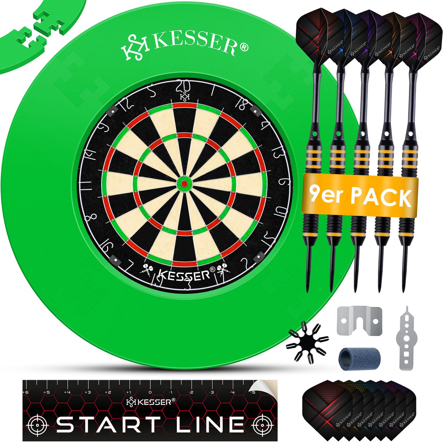 KESSER&reg; Dartscheibe kork mit 9 Dartpfeile Professional Dartboard + 21 Pro Flights + Zubeh&ouml;r Steeldart Offizielles Dartscheibe 9 Pfeilen Metallspitze Profi Steeldartscheibe - Dartboard inkl. Montageset - Bild 1