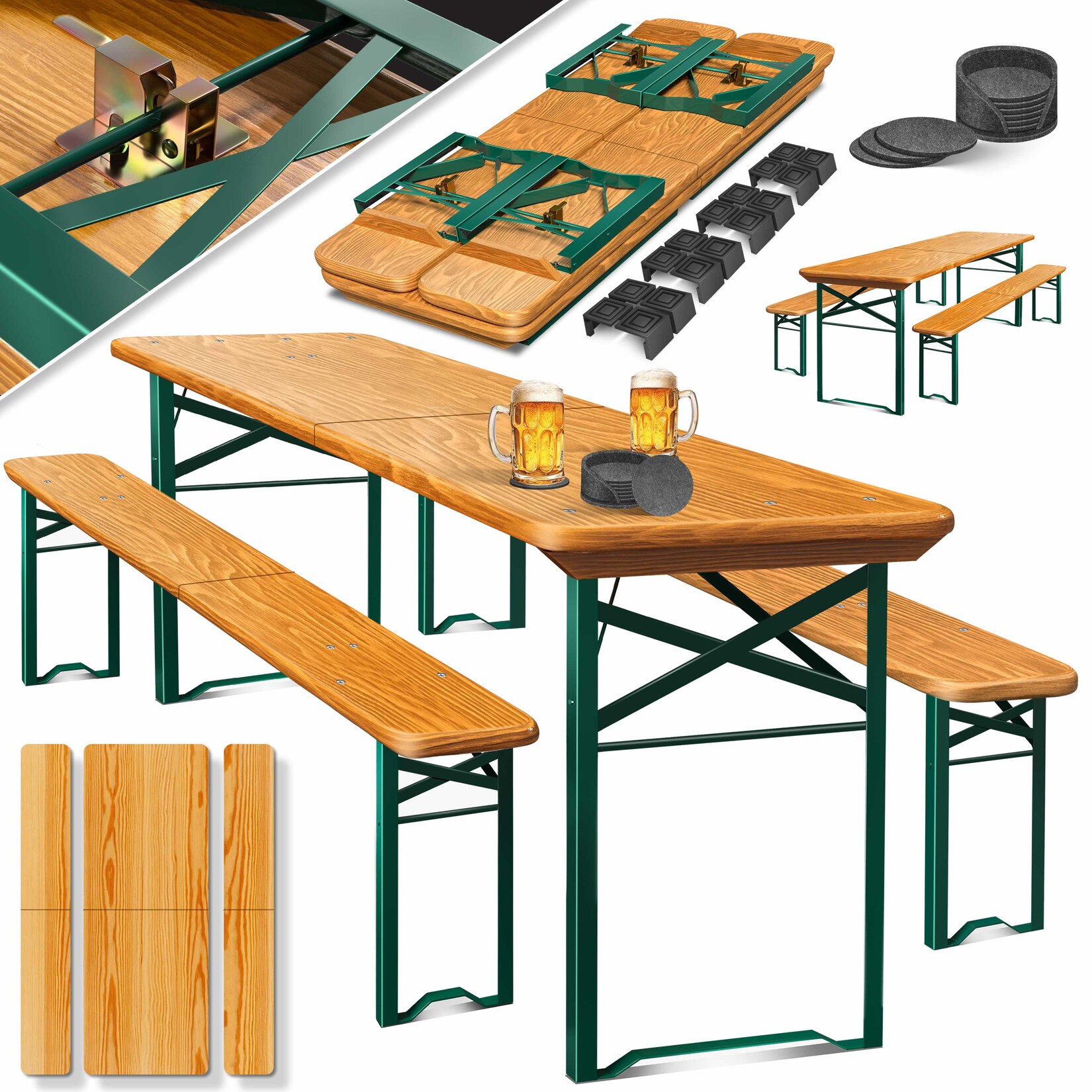 KESSER® Bierzeltgarnitur 3 teilig Gartenmöbel-Set   Klappbar 170 x 46 x 75cm   2X Bierbänke 1x Biertisch   Festzeltgarnitur Biertisch Stehtisch Sitzgarnitur Holz 12-teiliges Bodenschoner-Set | 04255598336512