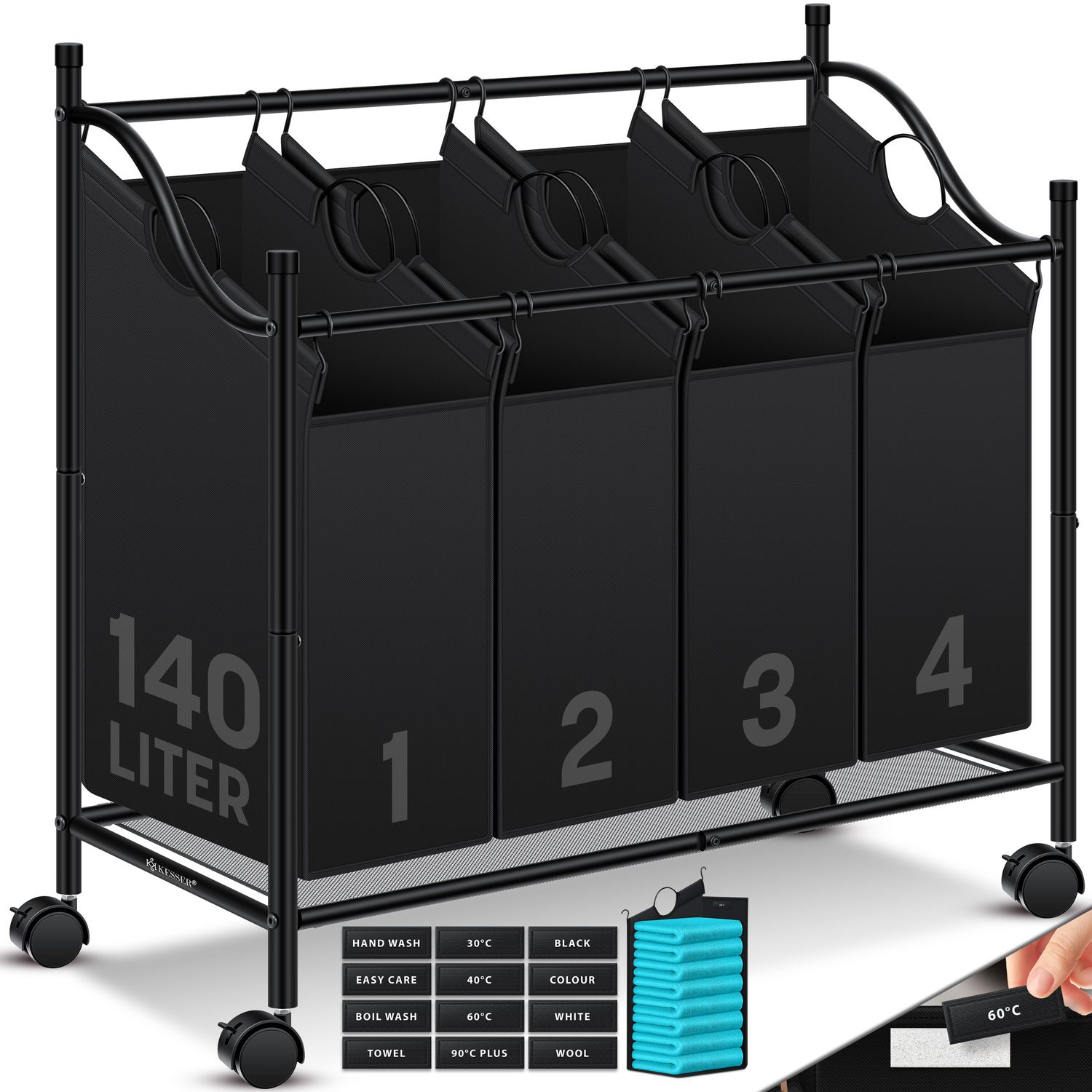 KESSER&reg; W&auml;schekorb W&auml;schesammler W&auml;schesortierer mit abnehmbaren Stofftaschen | W&auml;schebox mit 12 Waschhinweisen 360&deg; Rollen mit Bremse W&auml;sche-Sortiersystem W&auml;schewagen - Bild 1