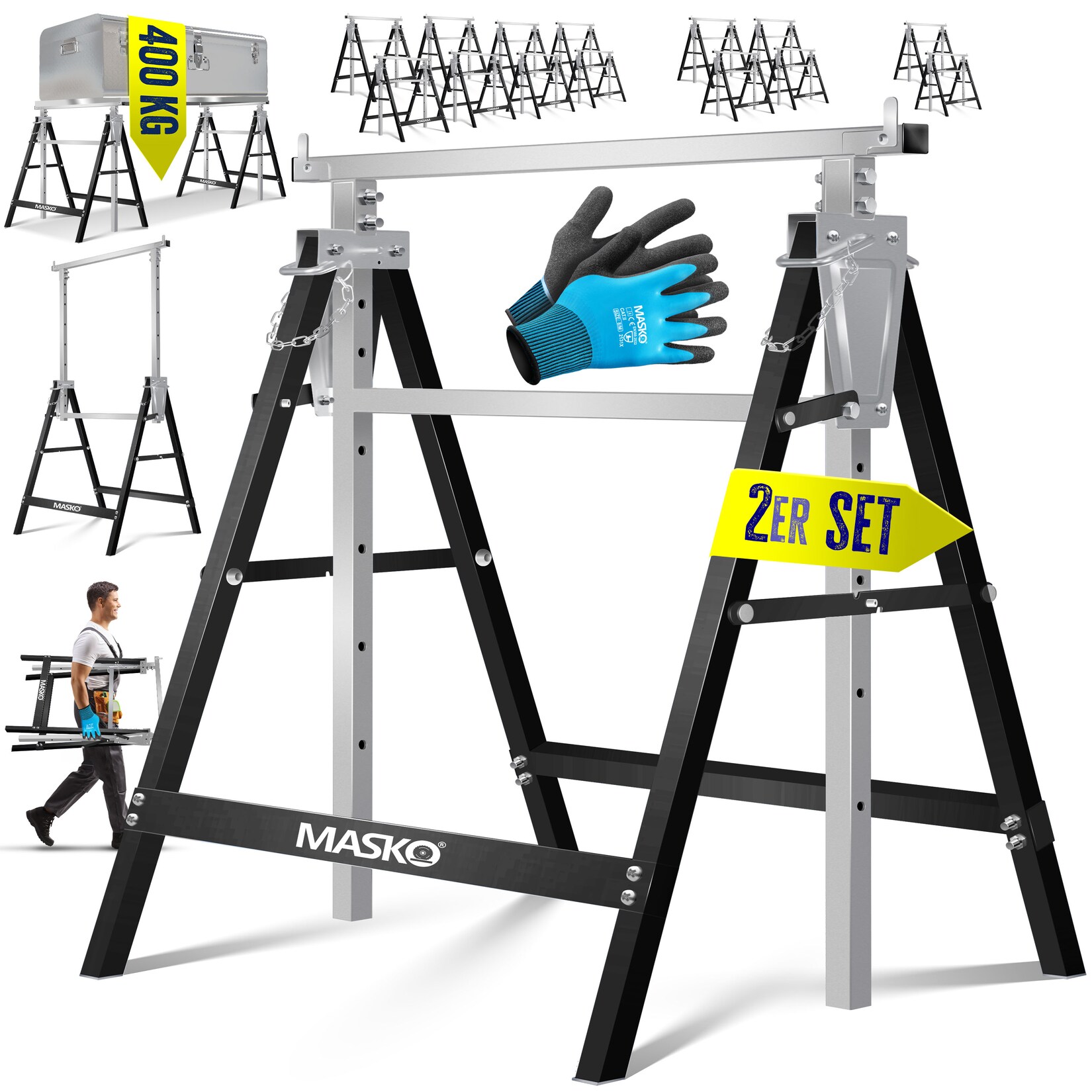 MASKO® Teleskop-Arbeitsbock Untergestell Klappbock max. Belastbarkeit 200 kg Unterstellbock höhenverstellbar Min. / max. Arbeitshöhe 800-1300 mm Gerüstbock inkl. Handschuhe