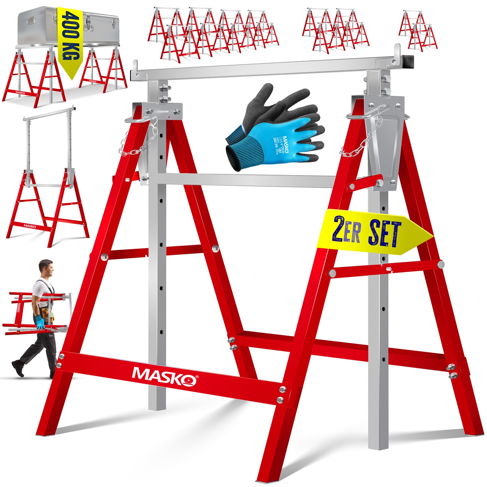 MASKO® Teleskop-Arbeitsbock Untergestell Klappbock max. Belastbarkeit 200 kg Unterstellbock höhenverstellbar Min. / max. Arbeitshöhe 800-1300 mm Gerüstbock inkl. Handschuhe