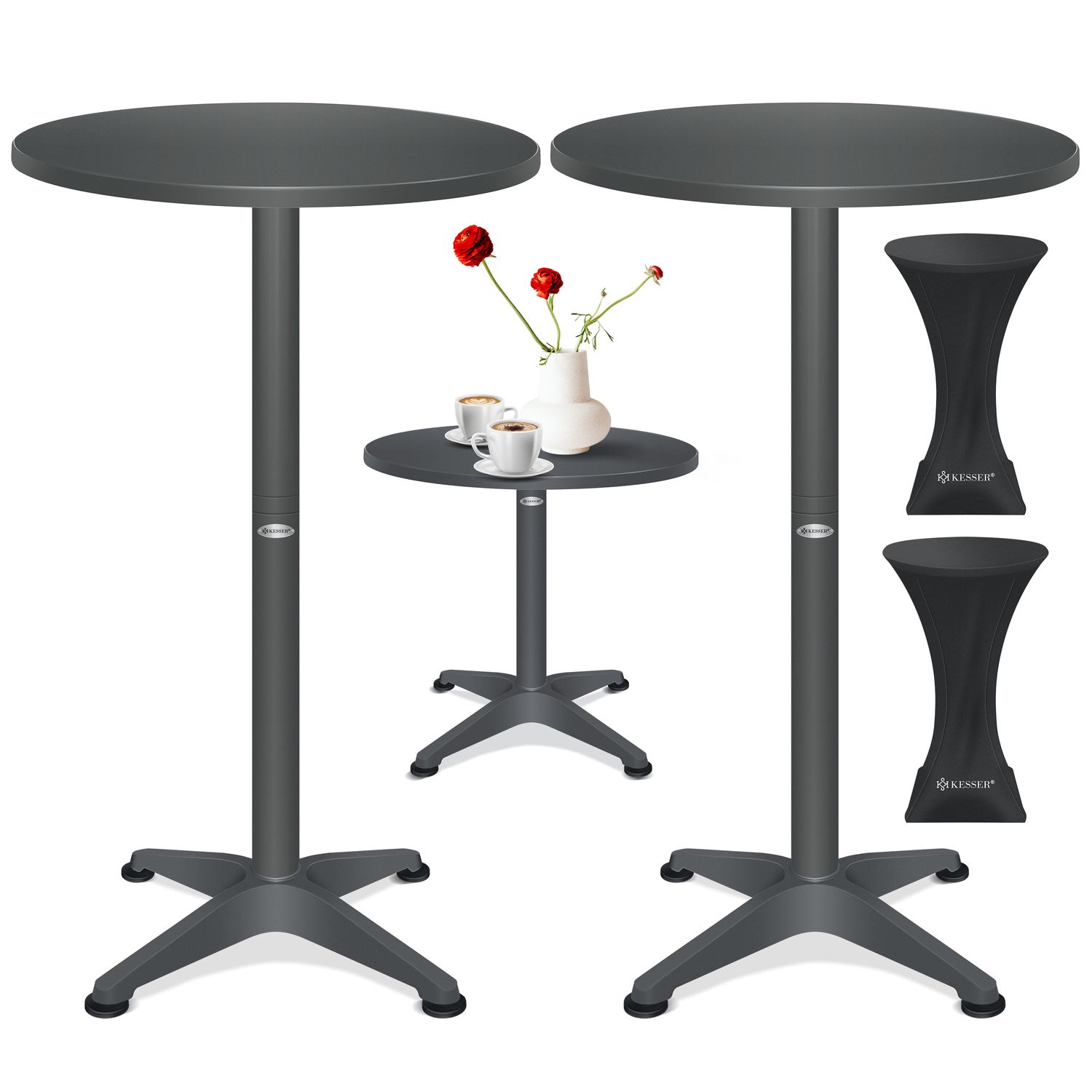 KESSER&reg; 2in1 Stehtisch Bistrotisch Aluminium Edelstahlplatte | h&ouml;henverstellbar | 70cm / 115cm | Partytisch Tisch | In- & Outdoor | Hochzeit | Empfangstisch | 4 Standf&uuml;&szlig;e und Regencover - Bild 1