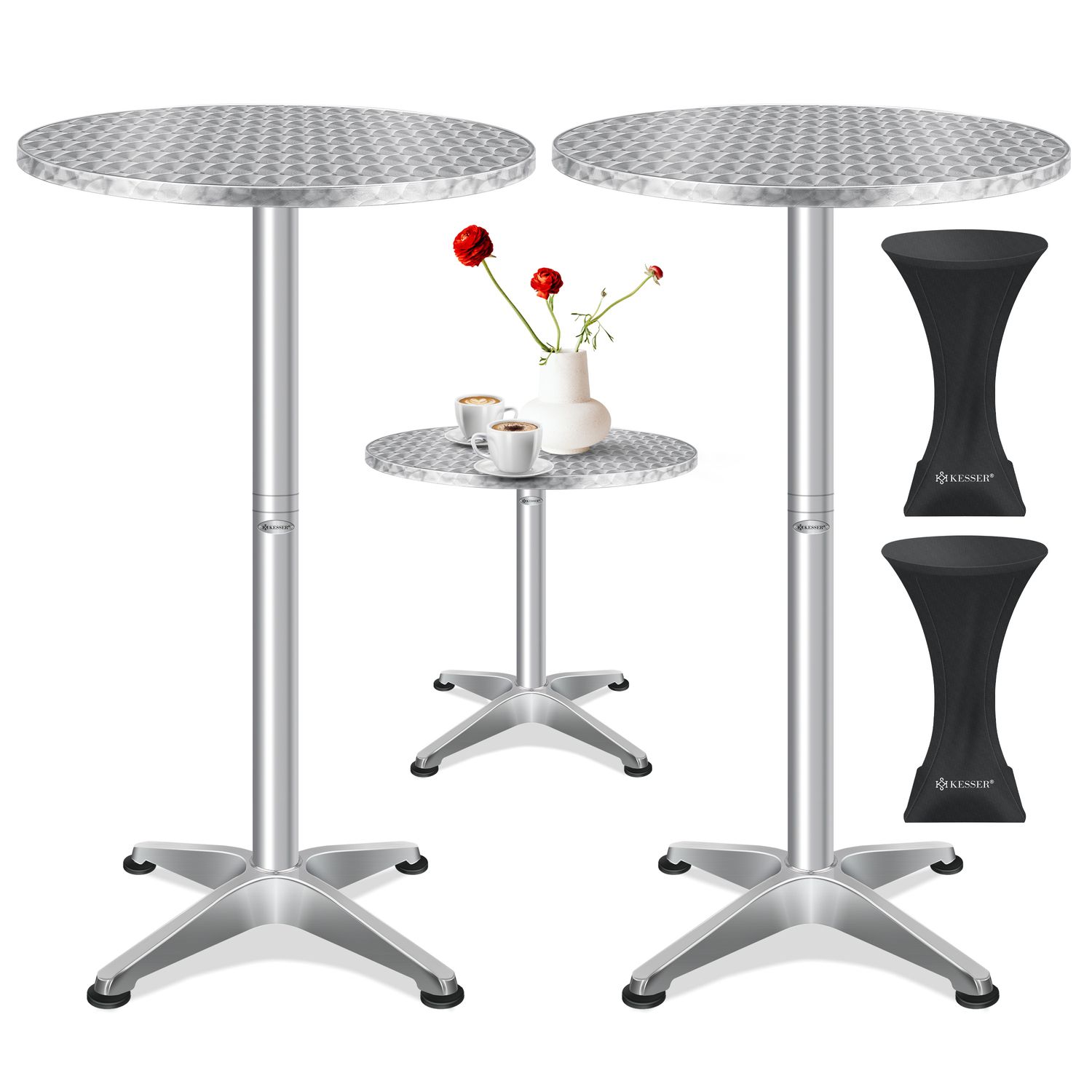 KESSER&reg; 2in1 Stehtisch Bistrotisch Aluminium Edelstahlplatte | h&ouml;henverstellbar | 70cm / 115cm | Partytisch Tisch | In- & Outdoor | Hochzeit | Empfangstisch | 4 Standf&uuml;&szlig;e und Regencover - Bild 1