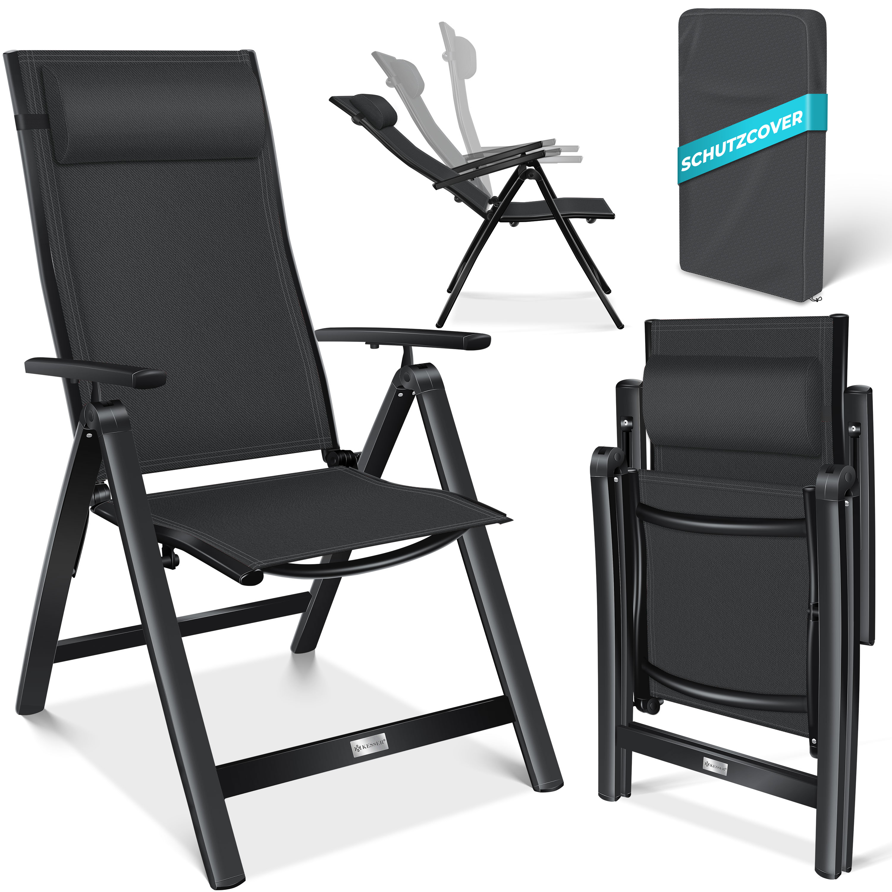 KESSER&reg; Gartenstuhl Hochlehner mit Armlehnen | Aluminium Klappstuhl inkl. Kopfkissen Campingstuhl 7-Fach Verstellbar R&uuml;ckenlehne | Atmungsaktiv & Wetterfest | Klappbar & Anti-Rutsch - Bild 1