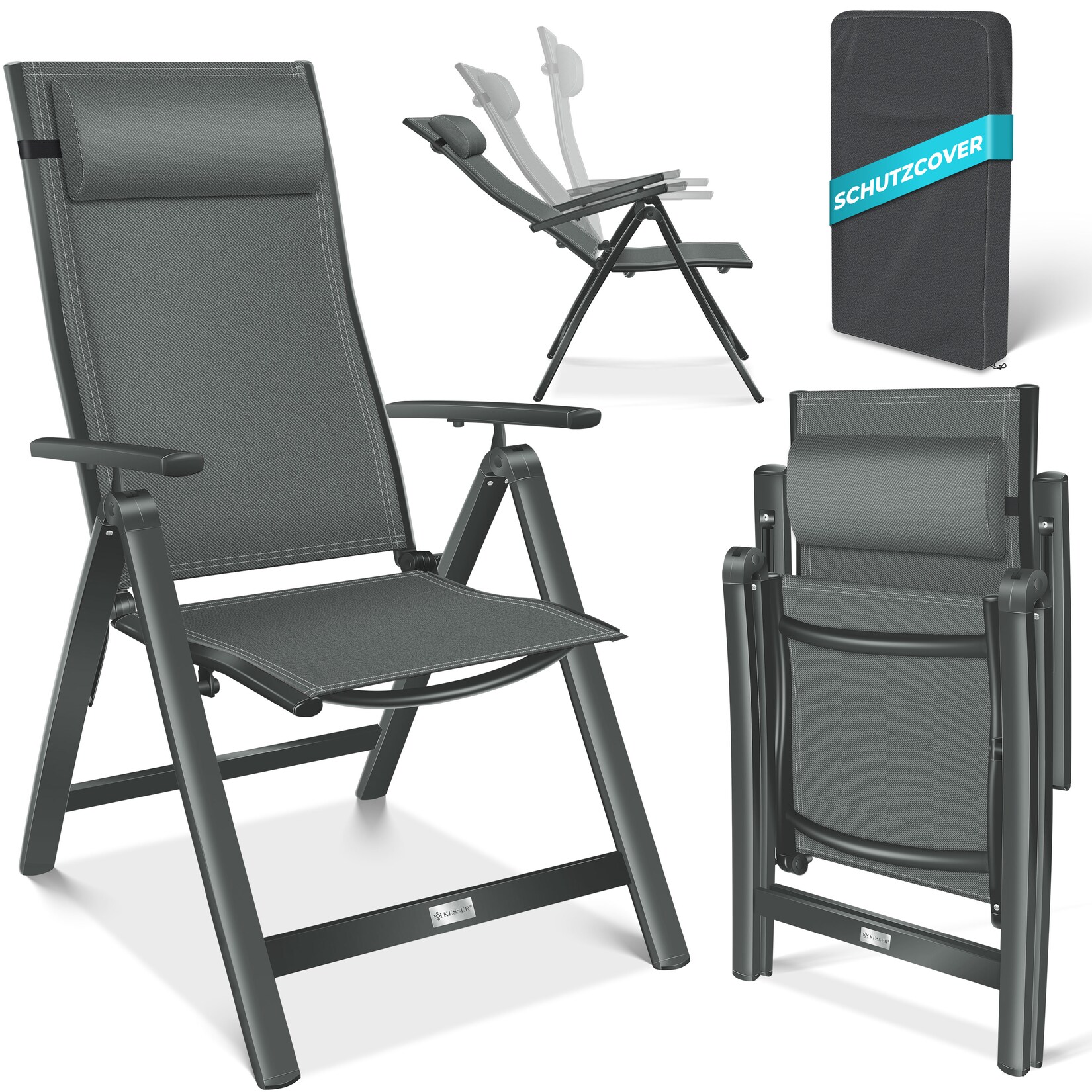 KESSER® Gartenstuhl Hochlehner mit Armlehnen Aluminium Klappstuhl inkl. Kopfkissen Campingstuhl 7-Fach Verstellbar Rückenlehne Atmungsaktiv & Wetterfest Klappbar & Anti-Rutsch