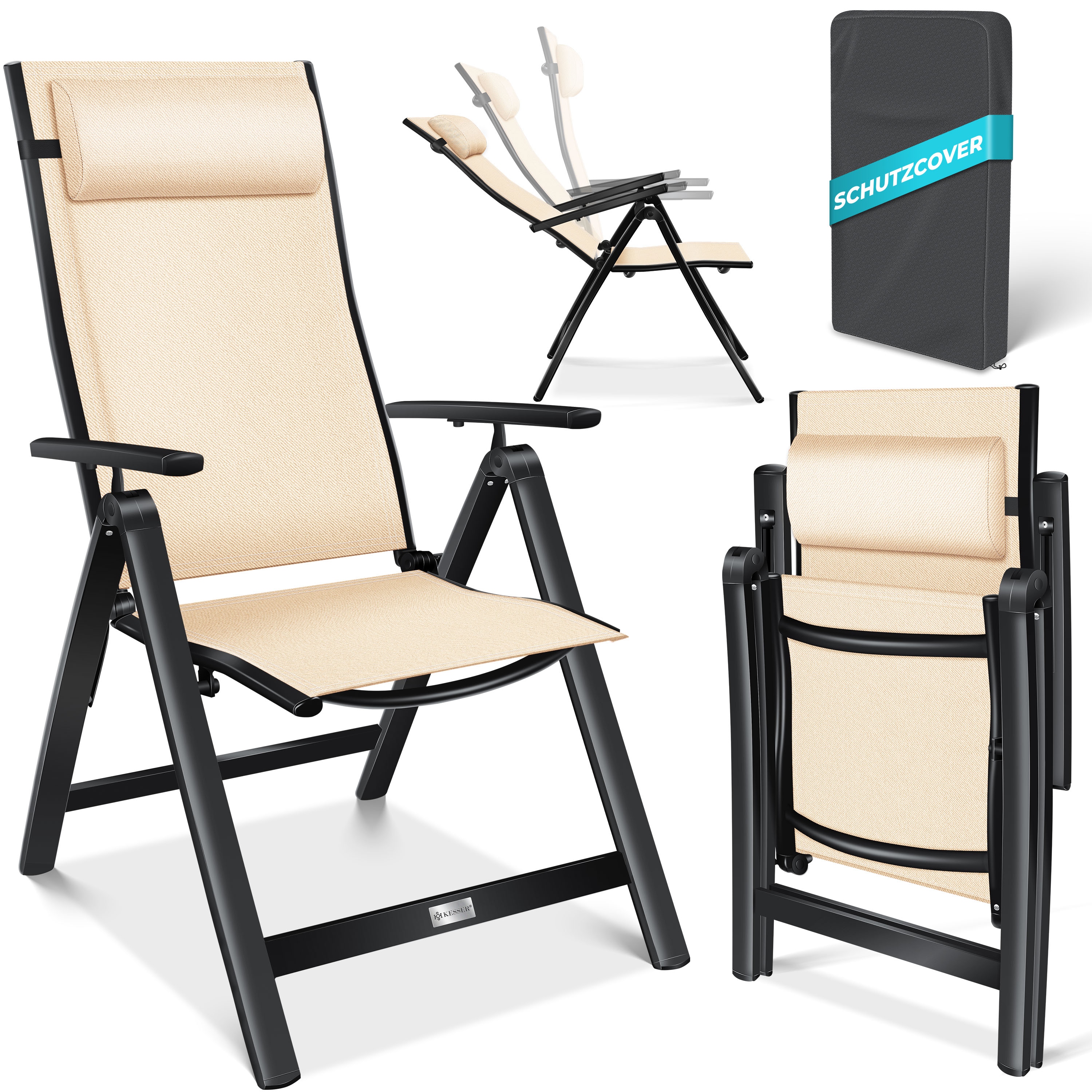 KESSER&reg; Gartenstuhl Hochlehner mit Armlehnen | Aluminium Klappstuhl inkl. Kopfkissen Campingstuhl 7-Fach Verstellbar R&uuml;ckenlehne | Atmungsaktiv & Wetterfest | Klappbar & Anti-Rutsch - Bild 1