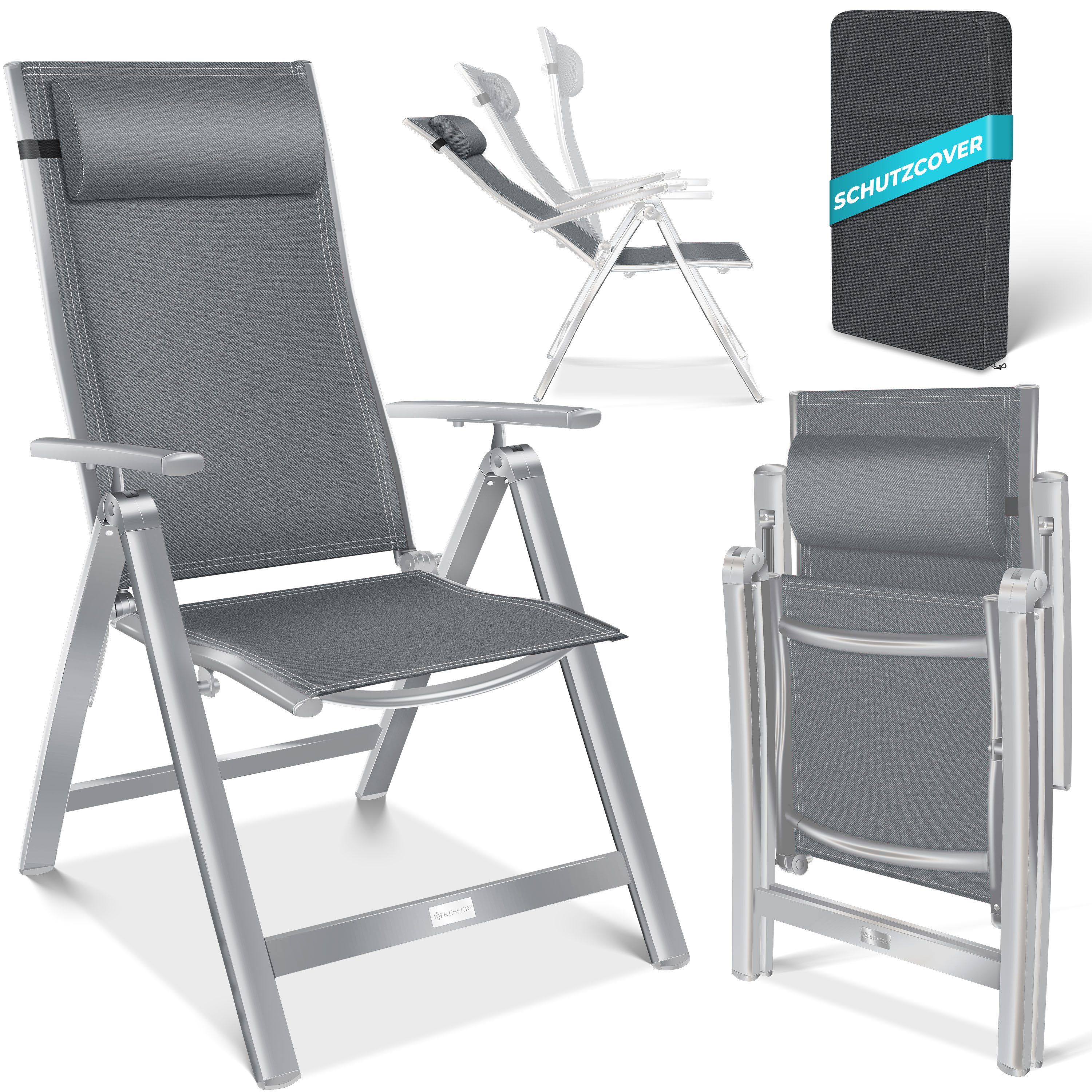 KESSER&reg; Gartenstuhl Hochlehner mit Armlehnen | Aluminium Klappstuhl inkl. Kopfkissen Campingstuhl 7-Fach Verstellbar R&uuml;ckenlehne | Atmungsaktiv & Wetterfest | Klappbar & Anti-Rutsch - Bild 1