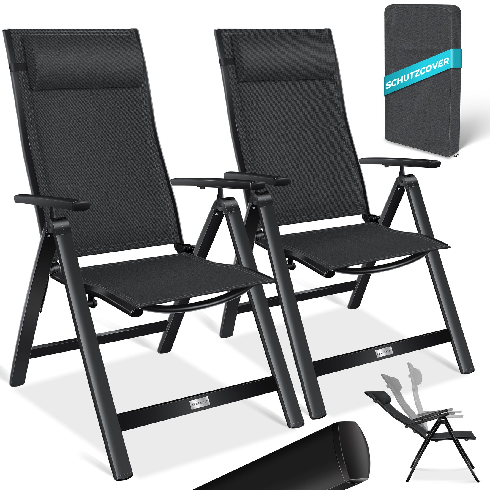 KESSER® Gartenstuhl Hochlehner mit Armlehnen Aluminium Klappstuhl inkl. Kopfkissen Campingstuhl 7-Fach Verstellbar Rückenlehne Atmungsaktiv & Wetterfest Klappbar & Anti-Rutsch