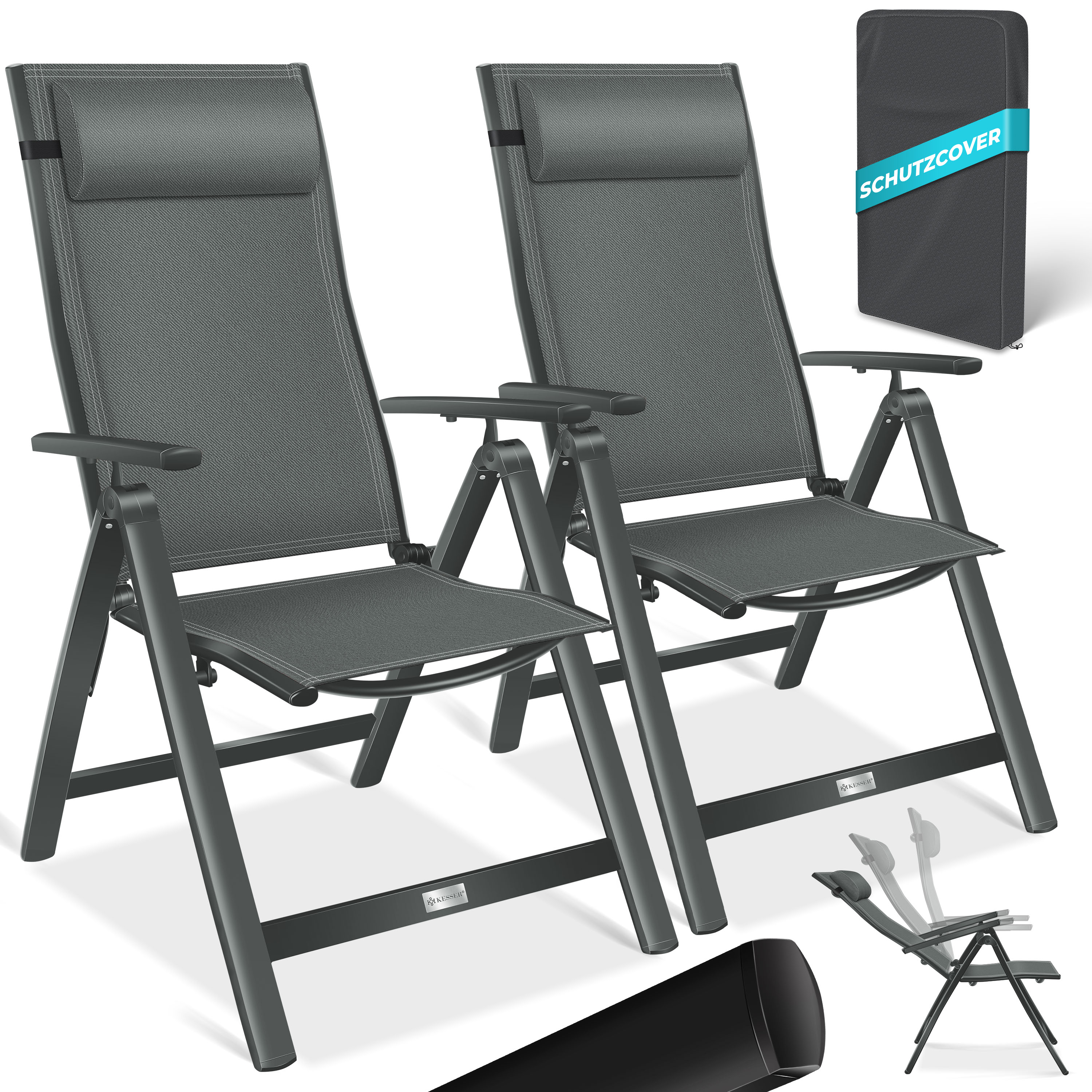 KESSER&reg; Gartenstuhl Hochlehner mit Armlehnen | Aluminium Klappstuhl inkl. Kopfkissen Campingstuhl 7-Fach Verstellbar R&uuml;ckenlehne | Atmungsaktiv & Wetterfest | Klappbar & Anti-Rutsch - Bild 1