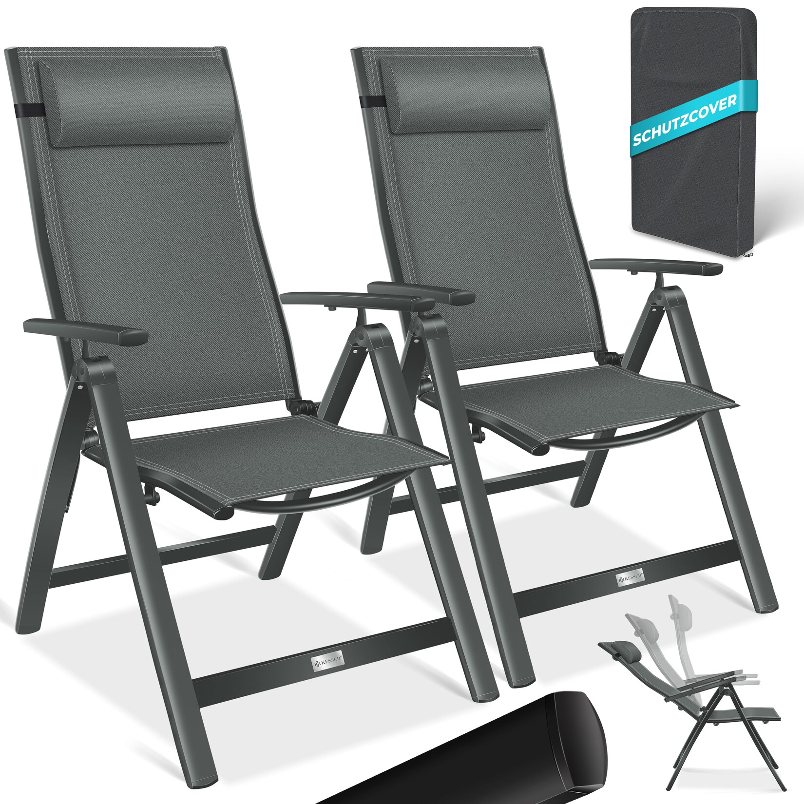 KESSER® Gartenstuhl Hochlehner mit Armlehnen Aluminium Klappstuhl inkl. Kopfkissen Campingstuhl 7-Fach Verstellbar Rückenlehne Atmungsaktiv & Wetterfest Klappbar & Anti-Rutsch