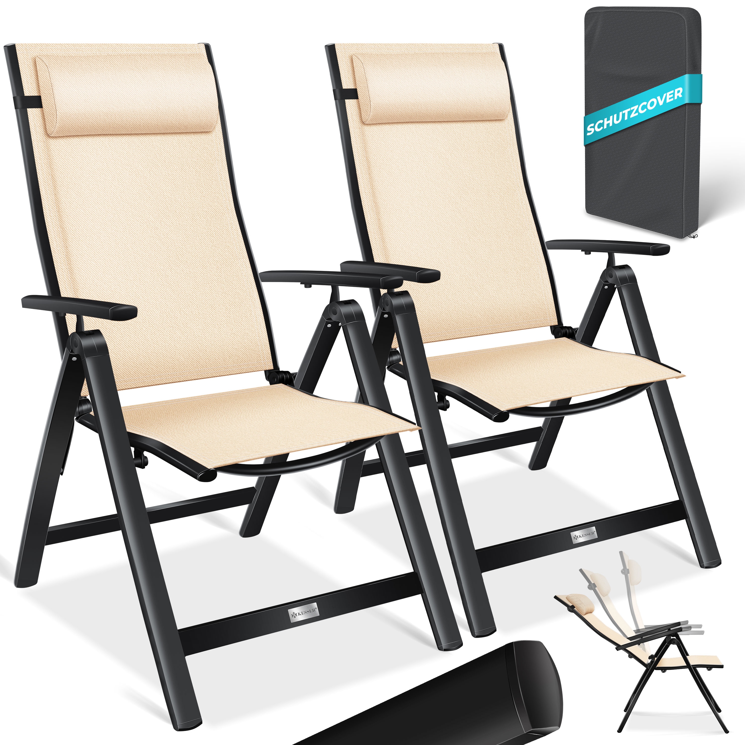 KESSER&reg; Gartenstuhl Hochlehner mit Armlehnen | Aluminium Klappstuhl inkl. Kopfkissen Campingstuhl 7-Fach Verstellbar R&uuml;ckenlehne | Atmungsaktiv & Wetterfest | Klappbar & Anti-Rutsch - Bild 1