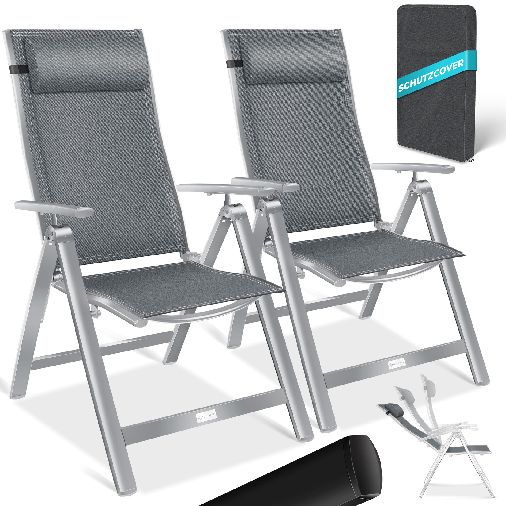KESSER® Gartenstuhl Hochlehner mit Armlehnen Aluminium Klappstuhl inkl. Kopfkissen Campingstuhl 7-Fach Verstellbar Rückenlehne Atmungsaktiv & Wetterfest Klappbar & Anti-Rutsch