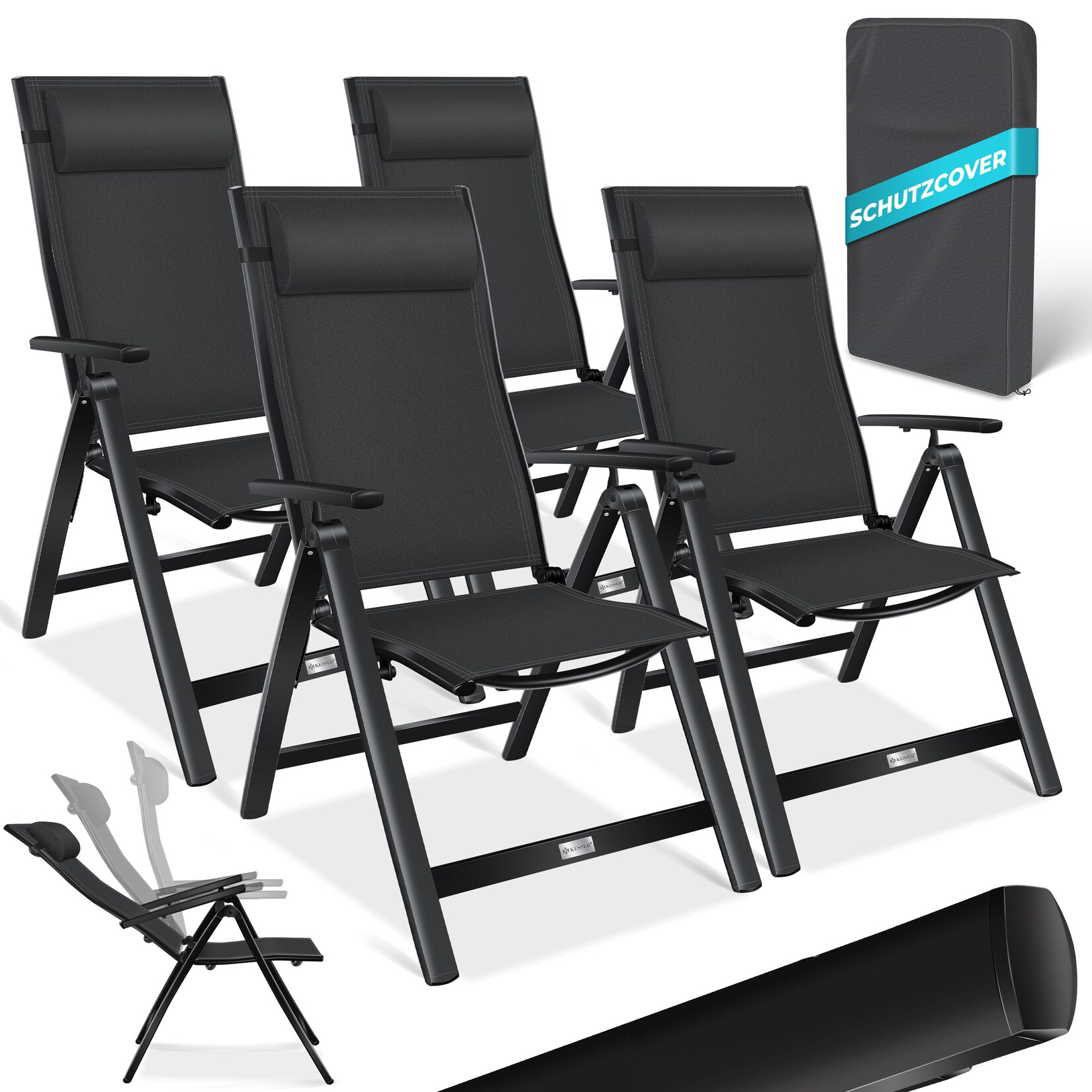 KESSER® Gartenstuhl Hochlehner mit Armlehnen Aluminium Klappstuhl inkl. Kopfkissen Campingstuhl 7-Fach Verstellbar Rückenlehne Atmungsaktiv & Wetterfest Klappbar & Anti-Rutsch