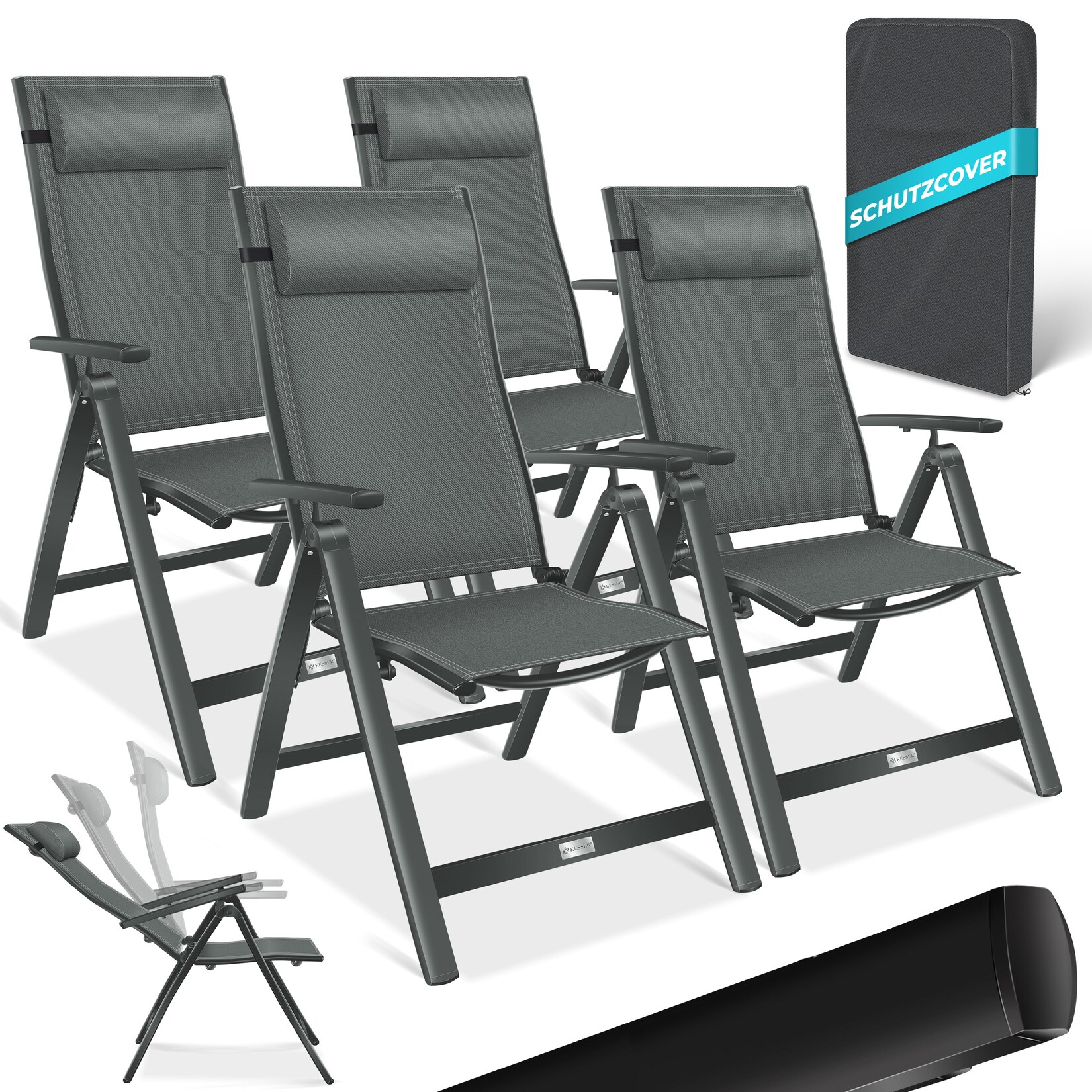 KESSER® Gartenstuhl Hochlehner mit Armlehnen Aluminium Klappstuhl inkl. Kopfkissen Campingstuhl 7-Fach Verstellbar Rückenlehne Atmungsaktiv & Wetterfest Klappbar & Anti-Rutsch