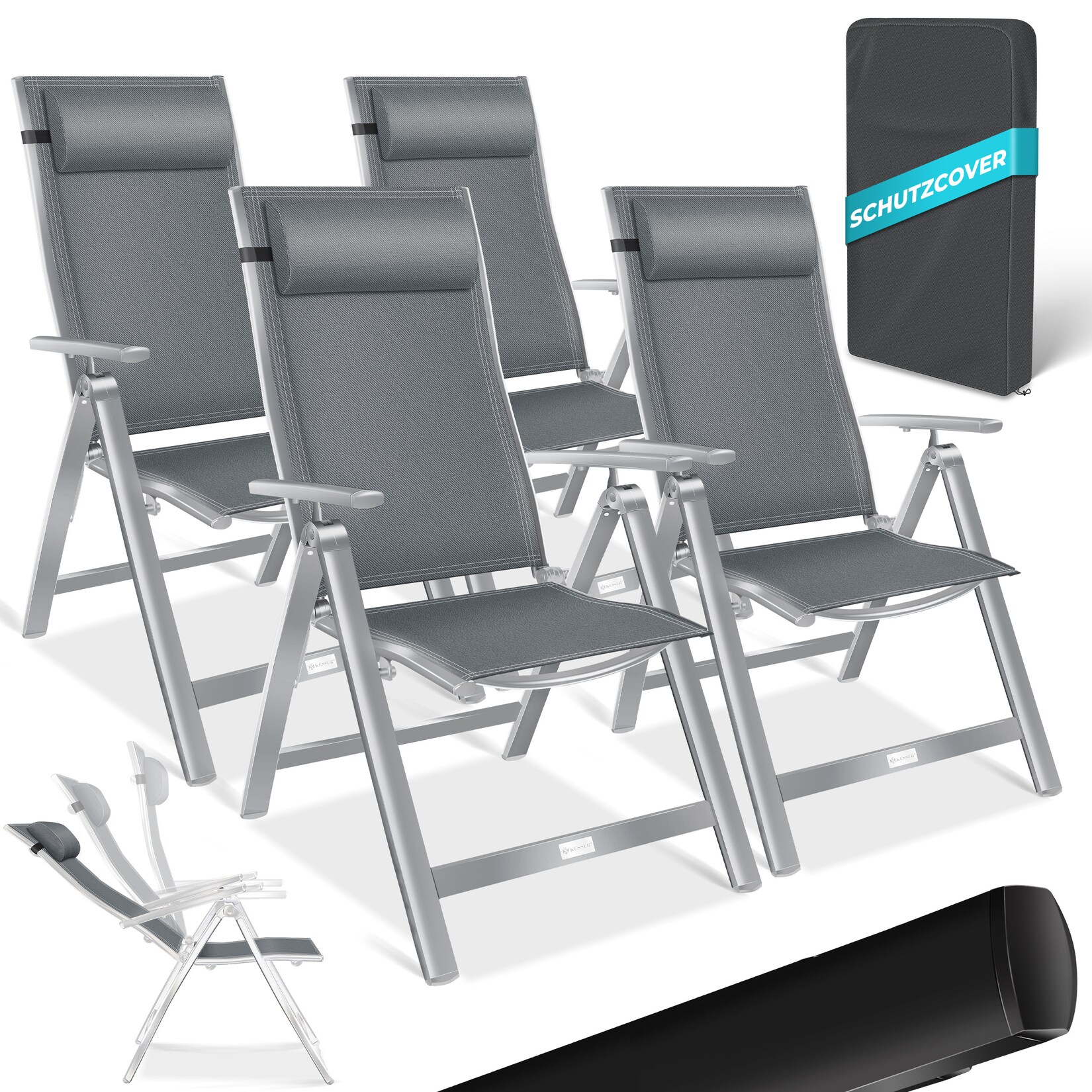 KESSER® Gartenstuhl Hochlehner mit Armlehnen Aluminium Klappstuhl inkl. Kopfkissen Campingstuhl 7-Fach Verstellbar Rückenlehne Atmungsaktiv & Wetterfest Klappbar & Anti-Rutsch
