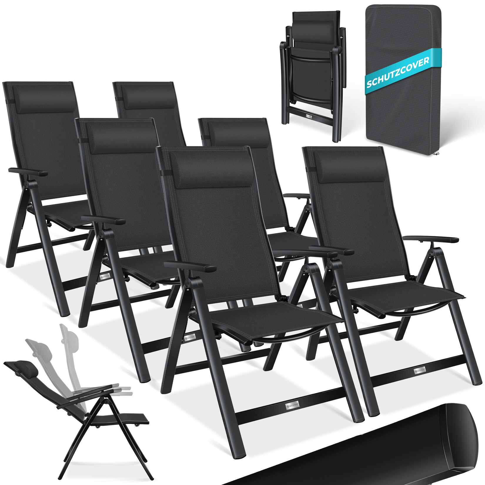 KESSER® Gartenstuhl Hochlehner mit Armlehnen Aluminium Klappstuhl inkl. Kopfkissen Campingstuhl 7-Fach Verstellbar Rückenlehne Atmungsaktiv & Wetterfest Klappbar & Anti-Rutsch