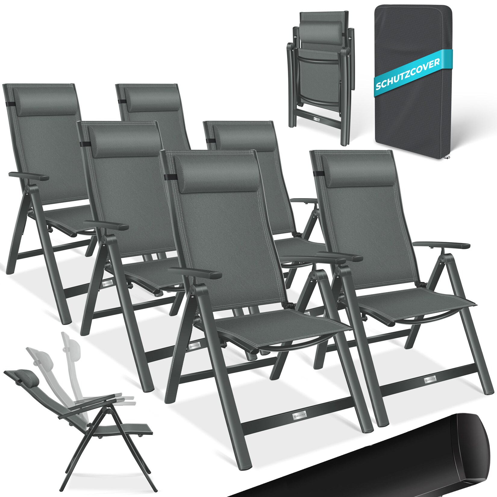 KESSER® Gartenstuhl Hochlehner mit Armlehnen Aluminium Klappstuhl inkl. Kopfkissen Campingstuhl 7-Fach Verstellbar Rückenlehne Atmungsaktiv & Wetterfest Klappbar & Anti-Rutsch
