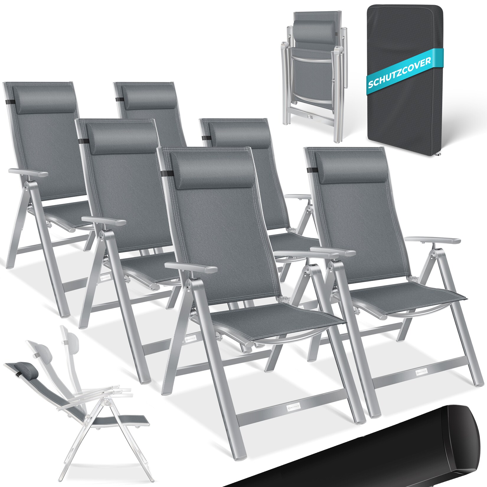 KESSER® Gartenstuhl Hochlehner mit Armlehnen Aluminium Klappstuhl inkl. Kopfkissen Campingstuhl 7-Fach Verstellbar Rückenlehne Atmungsaktiv & Wetterfest Klappbar & Anti-Rutsch