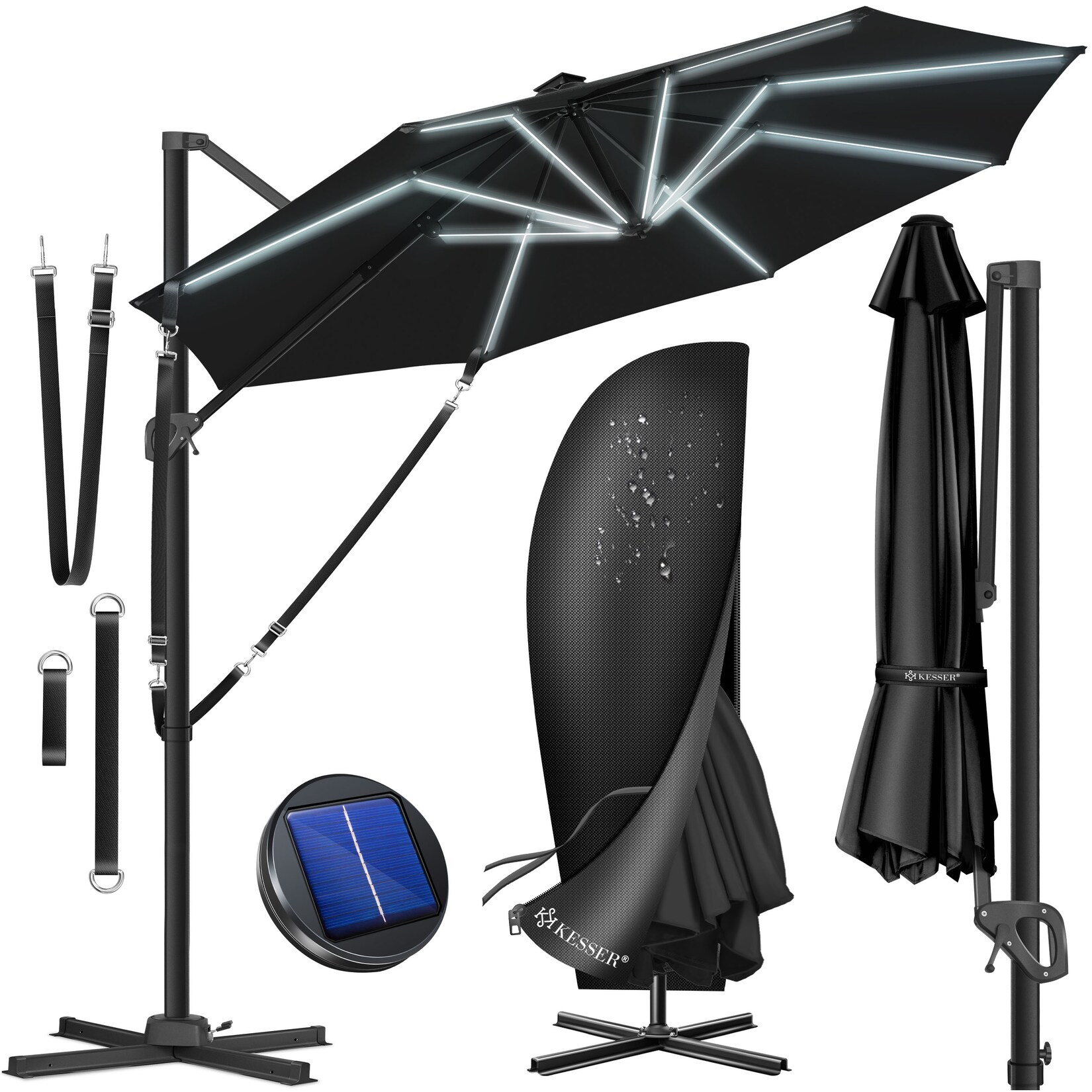 ® Sonnenschirm Ampelschirm SUN Rund XL Ø330 cm Inkl. Abdeckung + Windsicherung 7-Fach Verstellbar Drehbar Neigbar Kippbar Groß 360° Drehbar Gartenschirm mit Kurbel Sonnenschutz UV50+