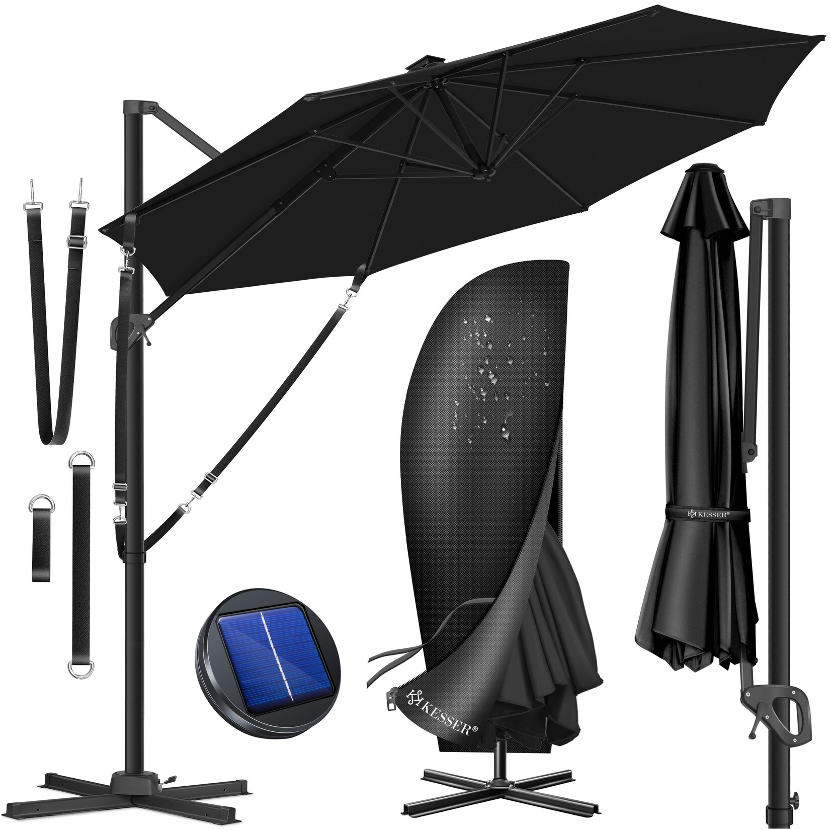 ® Sonnenschirm Ampelschirm SUN Rund XL Ø330 cm Inkl. Abdeckung + Windsicherung 7-Fach Verstellbar Drehbar Neigbar Kippbar Groß 360° Drehbar Gartenschirm mit Kurbel Sonnenschutz UV50+