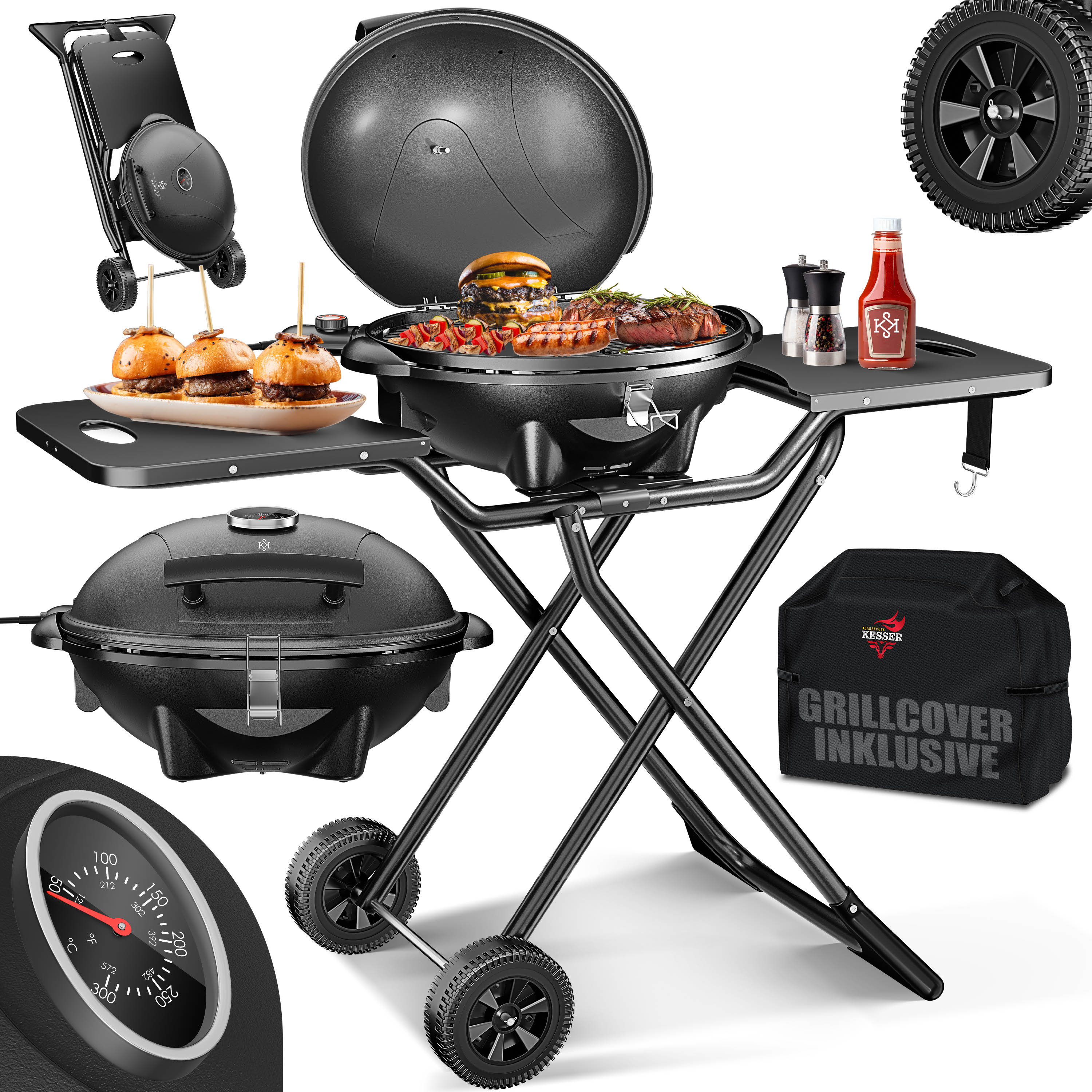 KESSER&reg; elektrischer Elektrogrill 2in1 Tischgrill - Standgrill mit Deckel und Standfu&szlig; | max. 2400 Watt | Faltbar | Thermometer | Antihaftbeschichtung | Grillplatte Abstelltische | 2 R&auml;der | - Bild 1