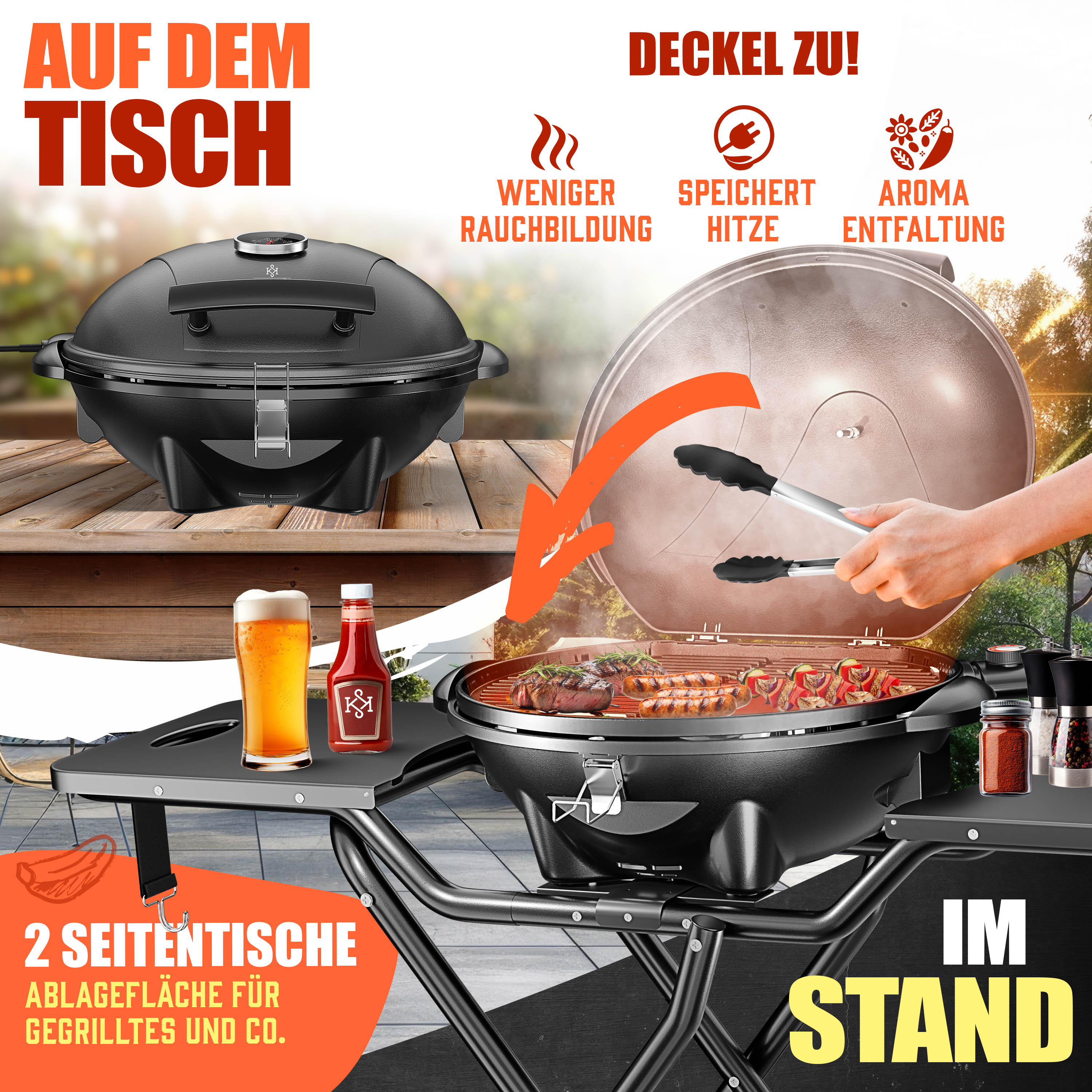KESSER® elektrischer Elektrogrill 2in1 Tischgrill - Standgrill mit Deckel und Standfuß | max. 2400 Watt | Faltbar | Thermometer | Antihaftbeschichtung | Grillplatte Abstelltische | 2 Räder