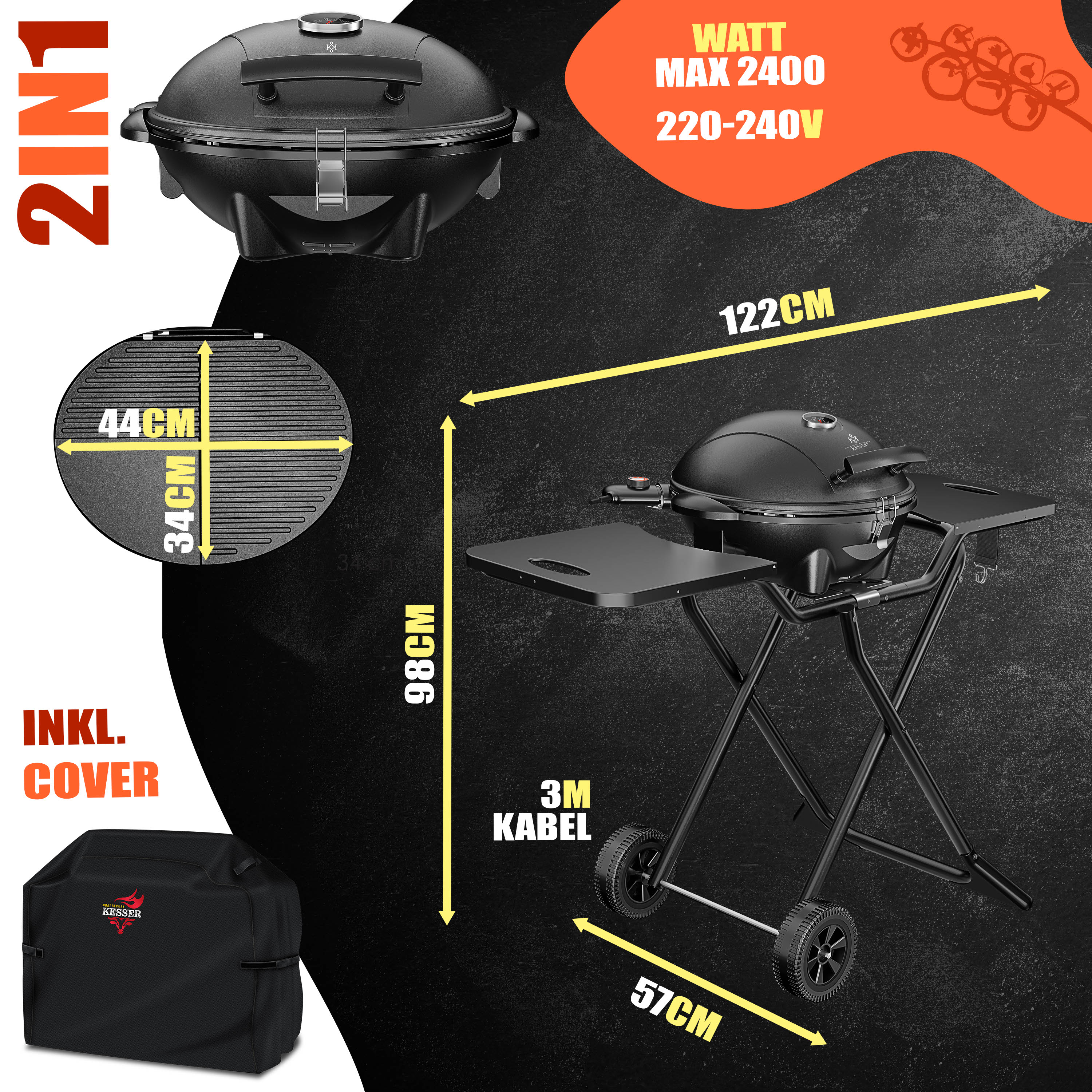 KESSER® elektrischer Elektrogrill 2in1 Tischgrill - Standgrill mit Deckel und Standfuß | max. 2400 Watt | Faltbar | Thermometer | Antihaftbeschichtung | Grillplatte Abstelltische | 2 Räder