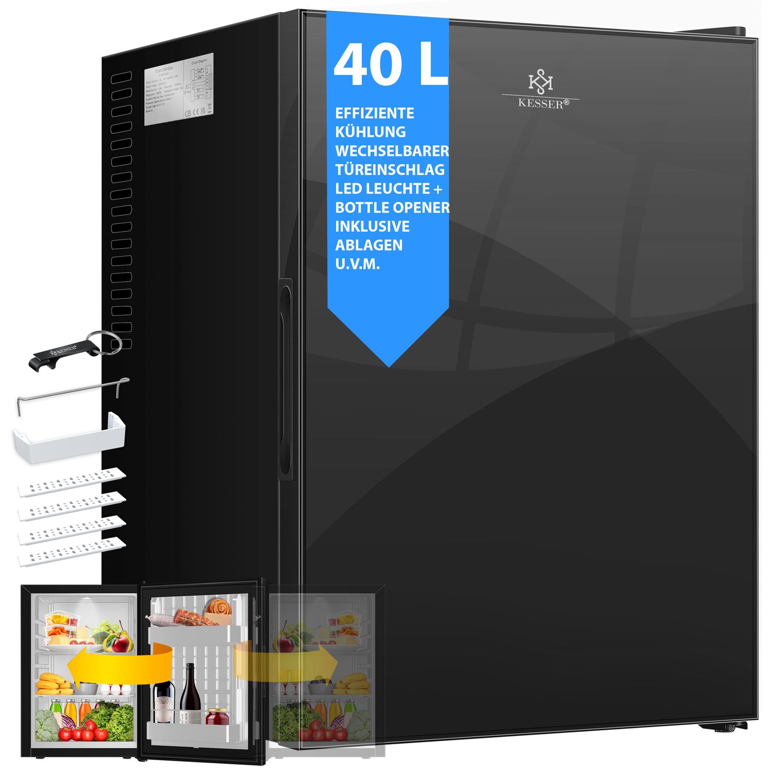KESSER&reg; Minik&uuml;hlschrank mit Schloss, Minibar 40 Liter Nutzinhalt, Leise 22db, Abschlie&szlig;bar, Schlafzimmer, Wechselbarer T&uuml;ranschlag, ca. 4&deg;-16&deg;C H&ouml;he 57cm, Innenbeleuchtung Tisch-K&uuml;hlschrank - Bild 1